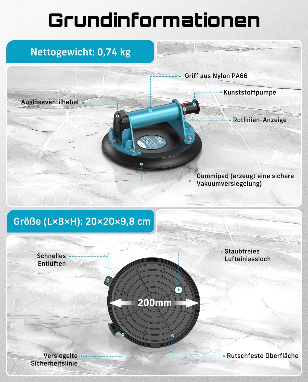 SEESII Vakuum Saugheber Fliesen, 2er-Set 8" Glassauger Tragkraft Max.200KG, Fliesenheber für Glas, Marmor, Laminat & Terrassenplatten, Vakuumheber Glasheber mit Tragbarer Werkzeugkasten