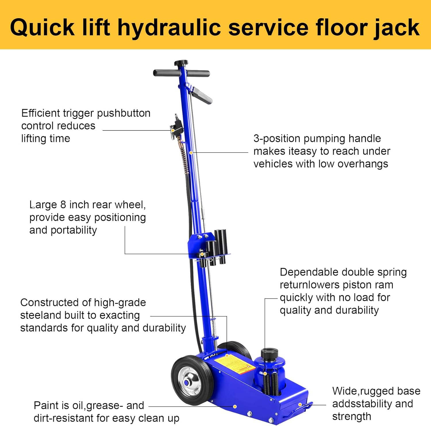 22 Ton Air Hydraulic Floor Jack Quick Lift Air-Operated Axle Bottle Jack HD Truck Lift Jacks Service Repair Lifting Tool for Garages Repair Shops 44000lbs Capacity Blue