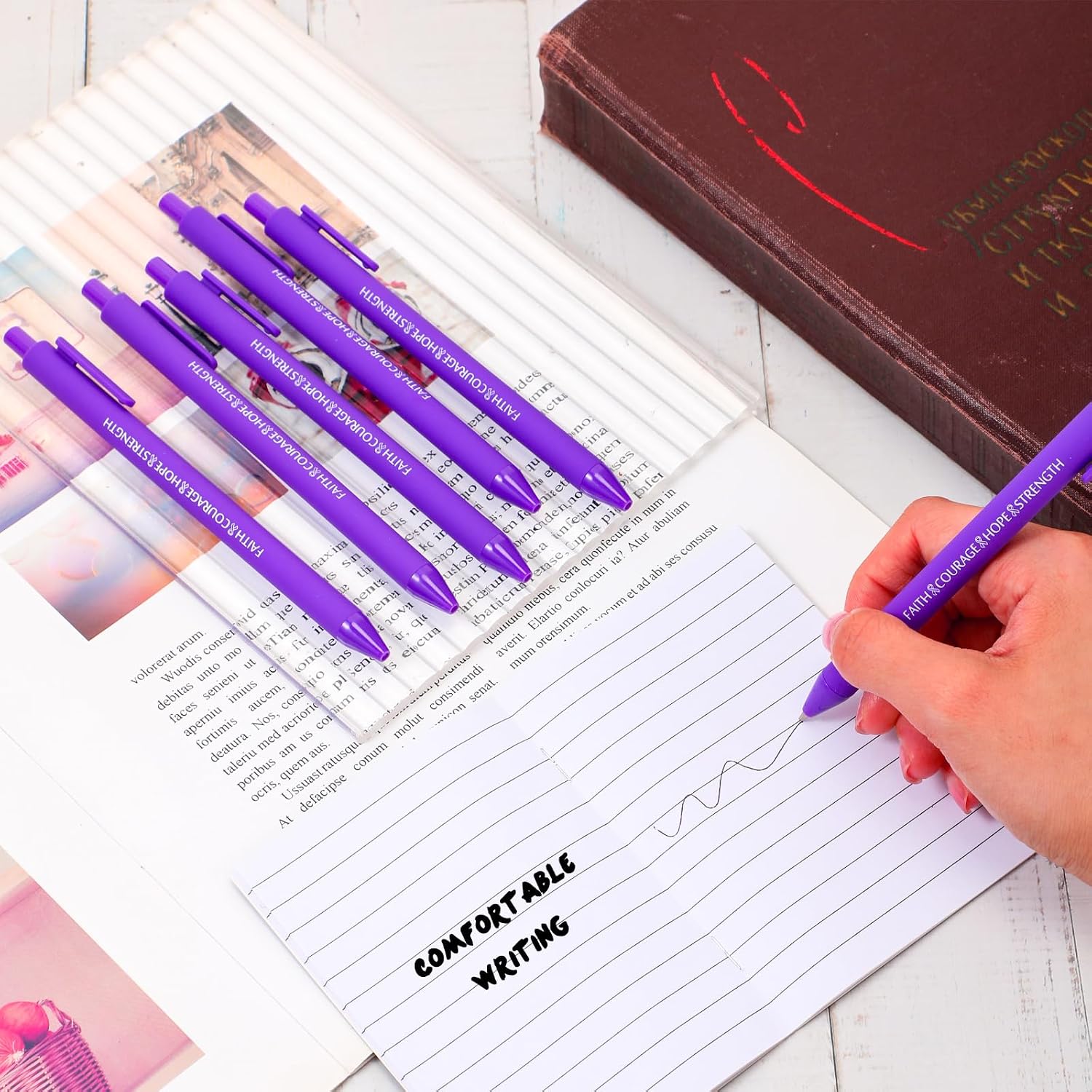 Ireer 100 Pcs Purple Ribbon Pens Bulk Lupus Awareness Accessories Black Ink Retractable Ribbon Ballpoint Pens for Women Men Mental Health Care Activities Supplies