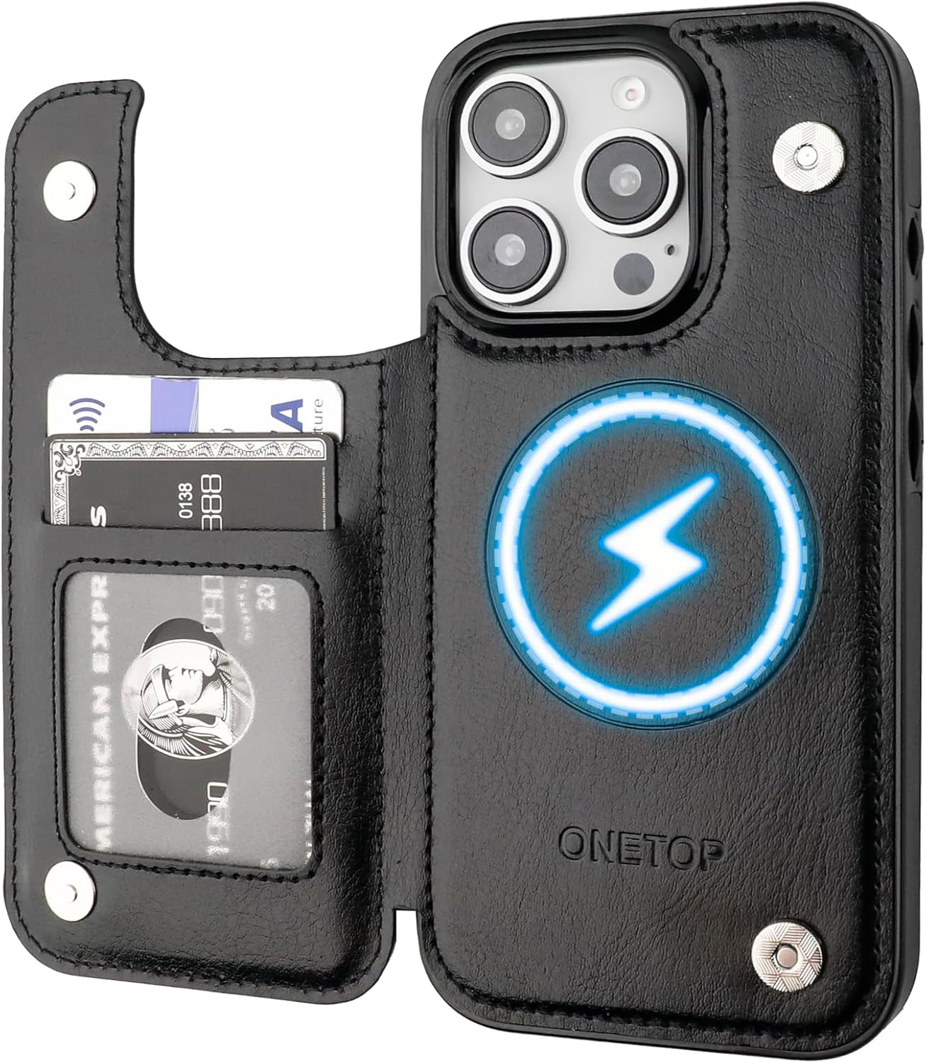 ONETOP Compatible with Magsafe for iPhone 16 Pro Wallet Case with Card Holder, PU Leather Kickstand RFID Blocking Case, Double Magnetic Clasp and Durable Shockproof Cover 6.3 Inch (Black)