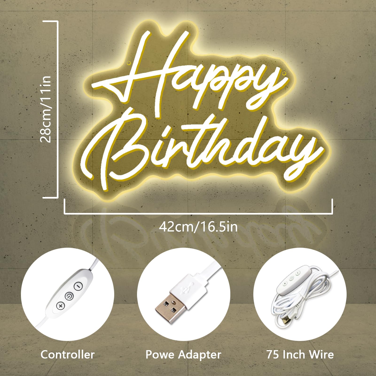Neonowe znaki LED "Happy Birthday", ciepła biel, dekoracja ścienna, podświetlany znak USB, na przyjęcie urodzinowe, Święto Dziękczynienia, Boże Narodzenie, dekoracja sypialni, 5 V (16,5 x 28 cm)