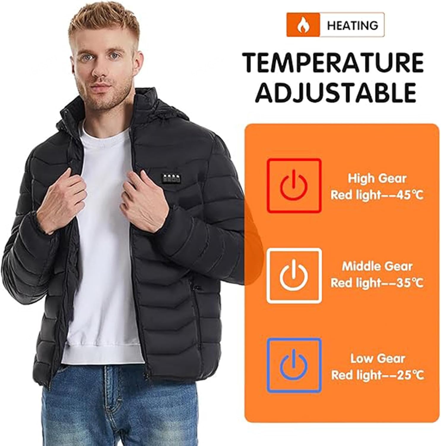 VIDECOR 9 Zones Heated Jacket, 3 Gear Temperature USB Electric Heating Hooded Warm Coat for Men Women Skiing, Cycling