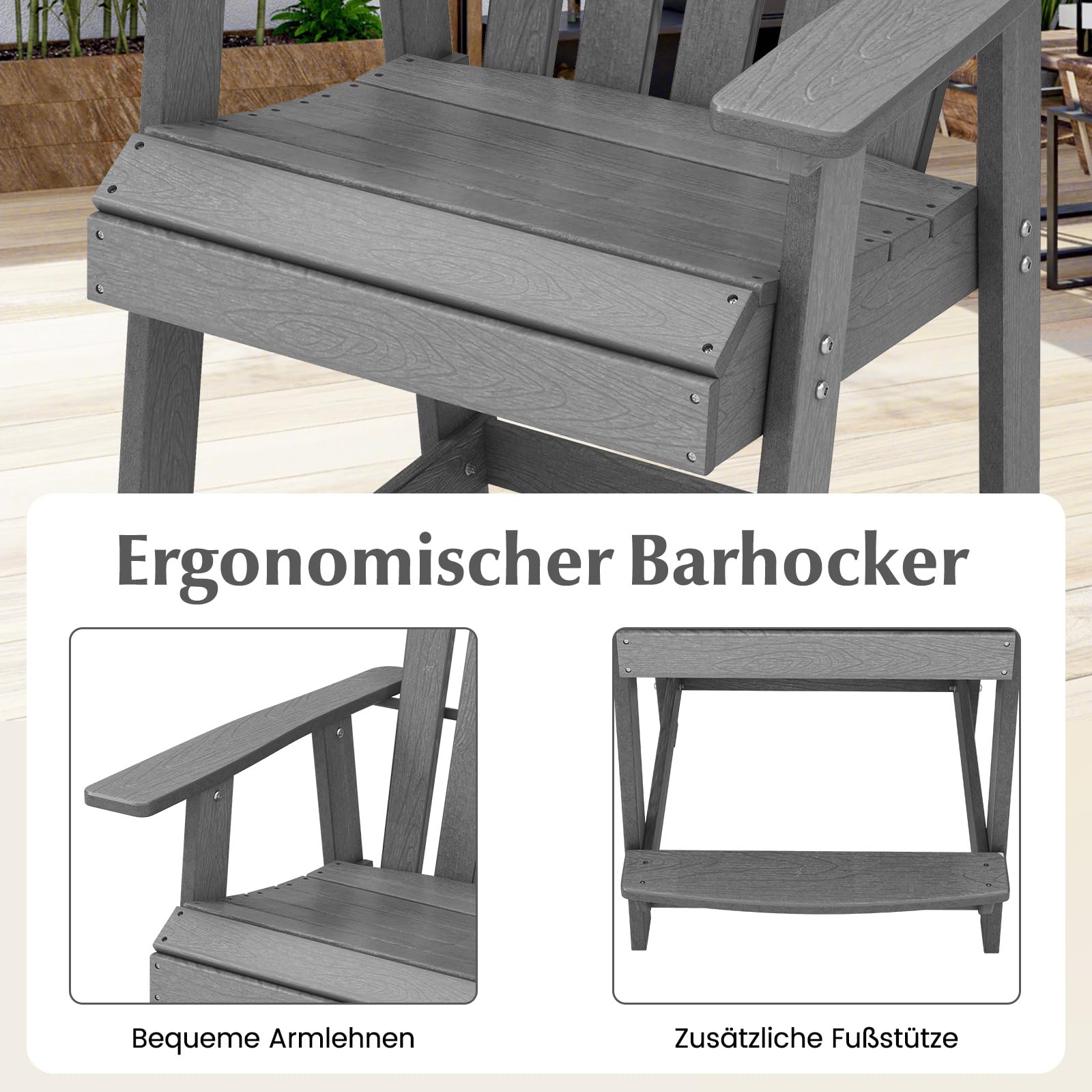 COSTWAY Hoher Adirondack Stuhl mit Fußstütze, wetterfester Barhocker aus HDPE, Balkonstuhl mit Armlehne, Outdoor Adirondack Chair für Garten, Terrasse (Grau)