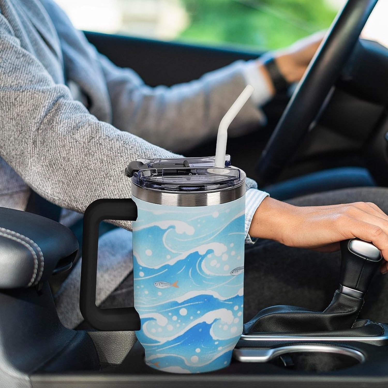 40 Oz Insulated Mug with Handle Lid And Straw Ocean Ripples Pattern Large Metal Sports Bottle Great for Gifts Parties Office Coffee
