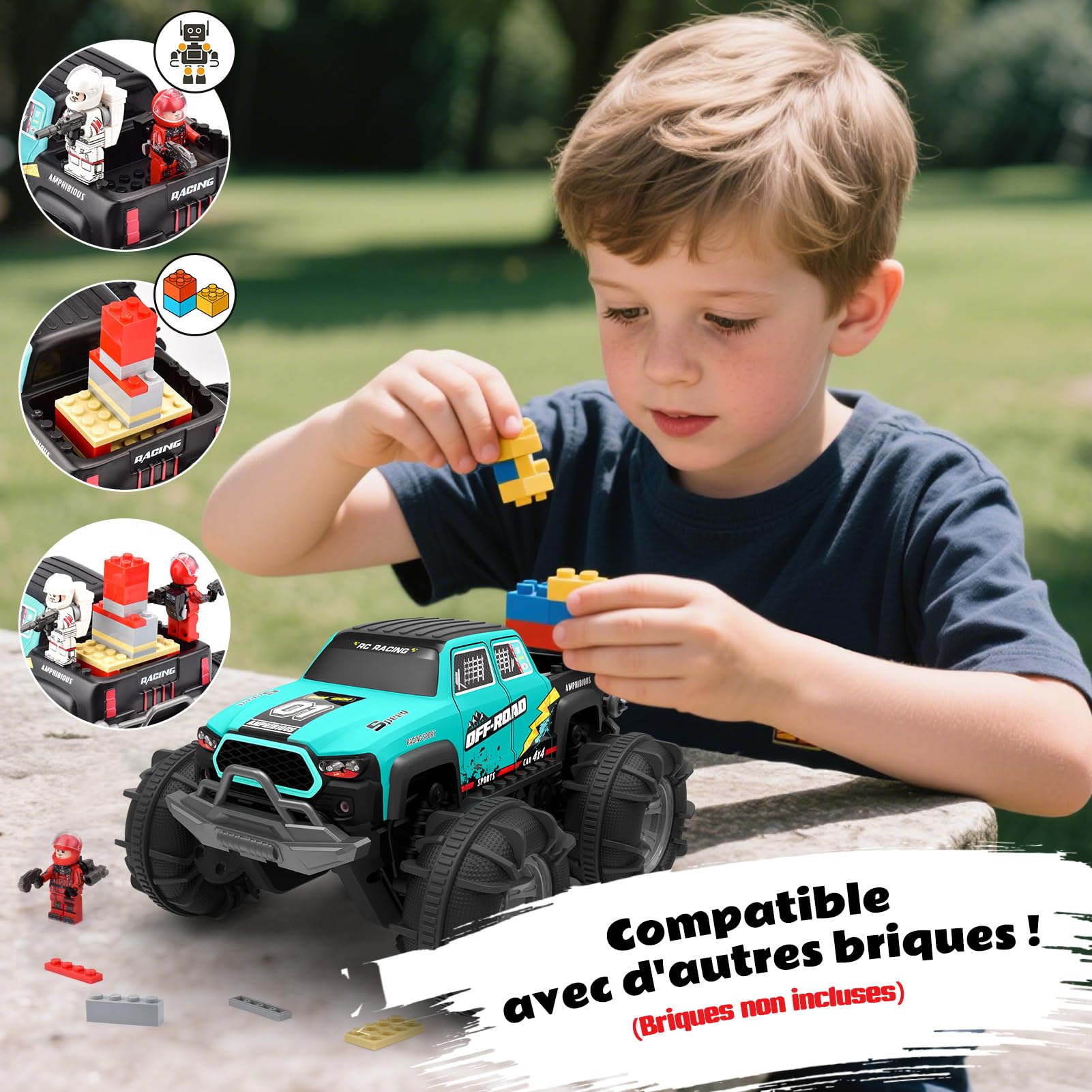 Voiture Télécommandée 4WD Amphibie – Voiture Stunt Tout-Terrain avec Capteur Gestuel, LED, 2 Batteries, Étanche, Jouet Enfant 4-12 Ans pour Sable, Eau, Jardin, Compatible Blocs de Construction