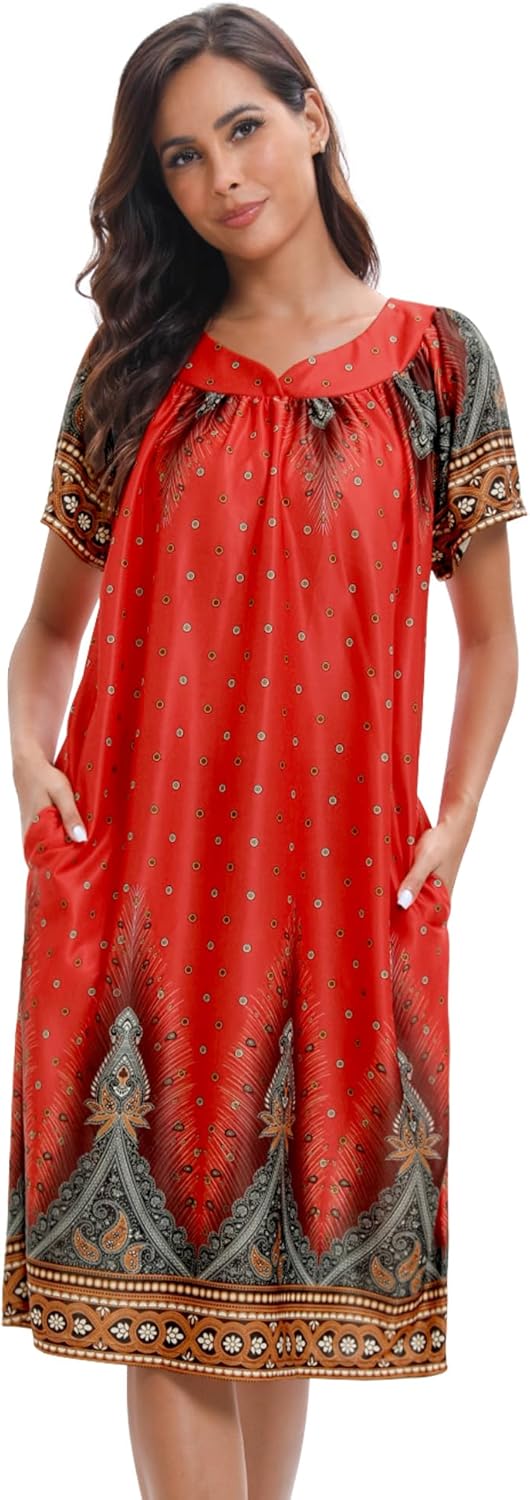 2 Pack House Dresses for Women with Pockets Moo Moos Nightgowns Short Sleeve Mumu Lounge Dress - Image 3