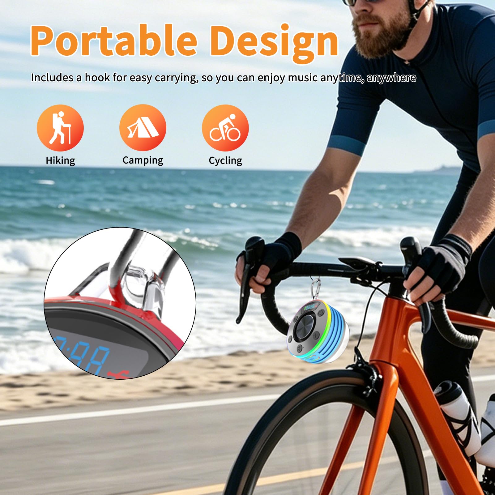 Enceinte Bluetooth Douche, 5.3 FM Radio de Douche Portable avec avec HD Mic, 360° stéréo, Lumière LED, avec Ventouse, Étanche IP7 pour Salle de Bain,Extérieur (Bleu)