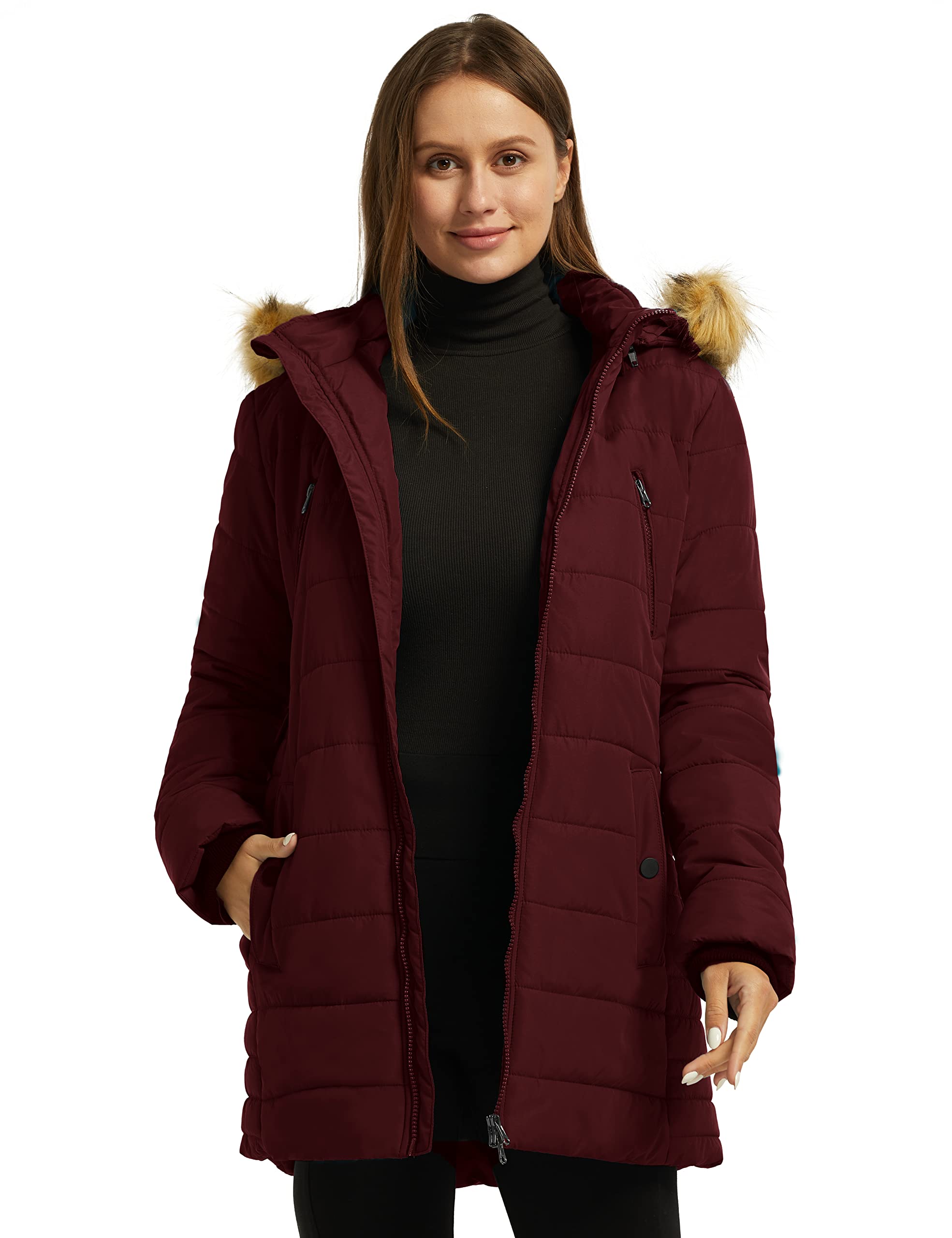 Wantdo Cappotto Caldo Invernale Giacca Media Lunga Antivento Parka con Cappuccio Staccabile in Pelliccia Giubbotto Slim Fit Idrorepellente Donna
