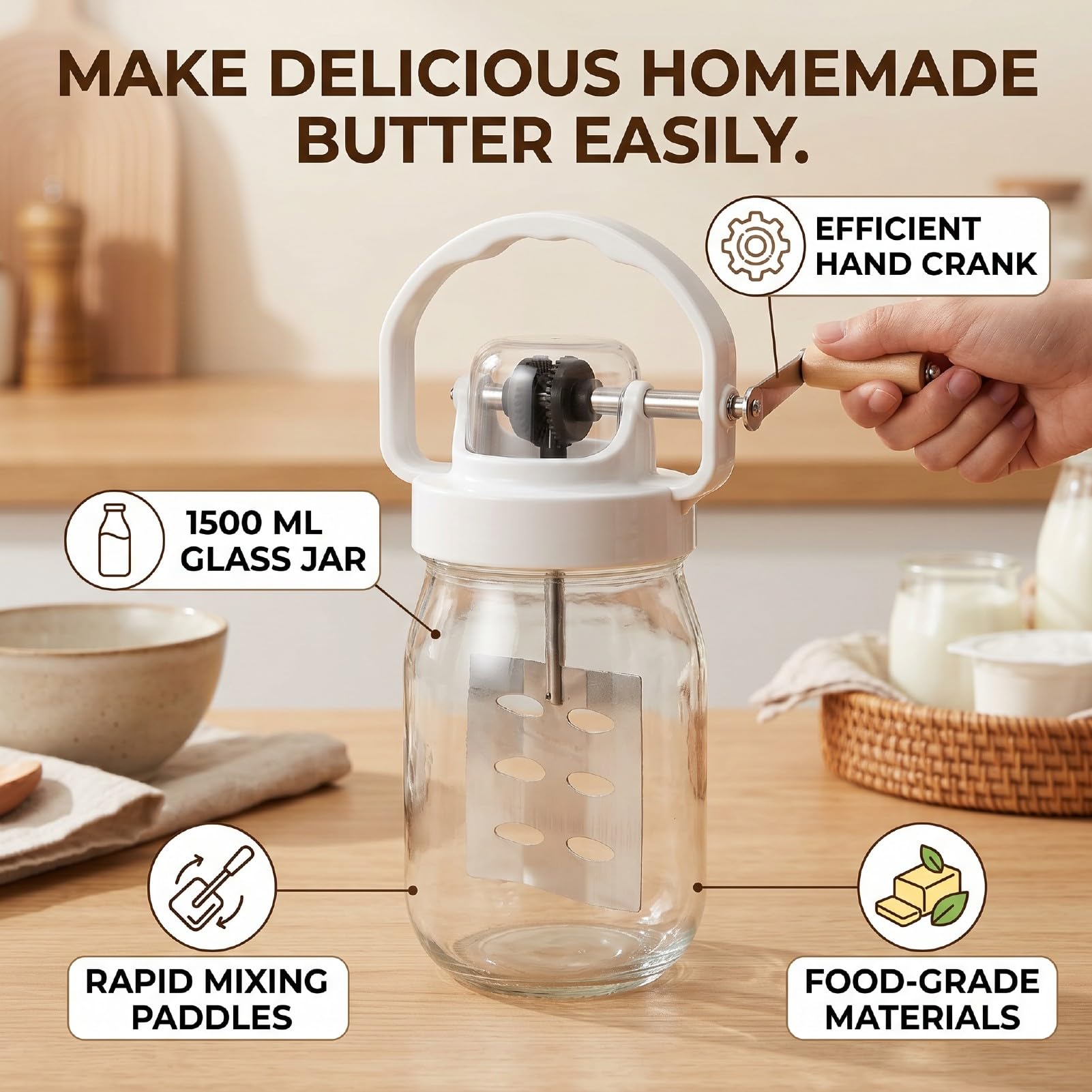ASHATA Mantequilla Manual de 1500 Ml con Tarro de Cristal para Mantequilla Casera y Herramienta de Cocina Más Segura