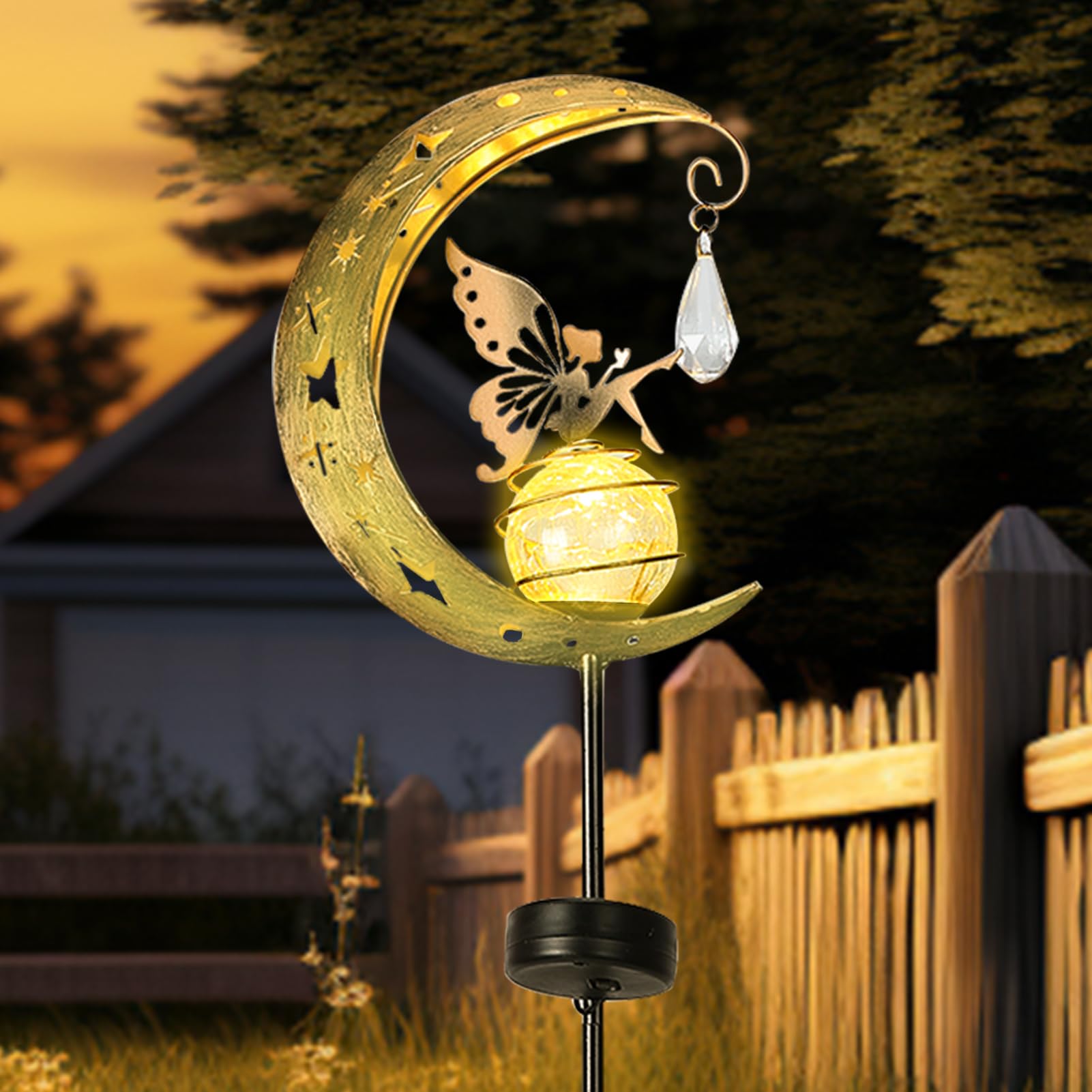 Luci Solari Da Giardino A Forma Di Luna Con Fata - Decorazione LED Per Esterni, 84x16,5 Cm, Ferro Bronzo, Impermeabile, Accensione Automatica, Per Balcone E Sentiero - 2