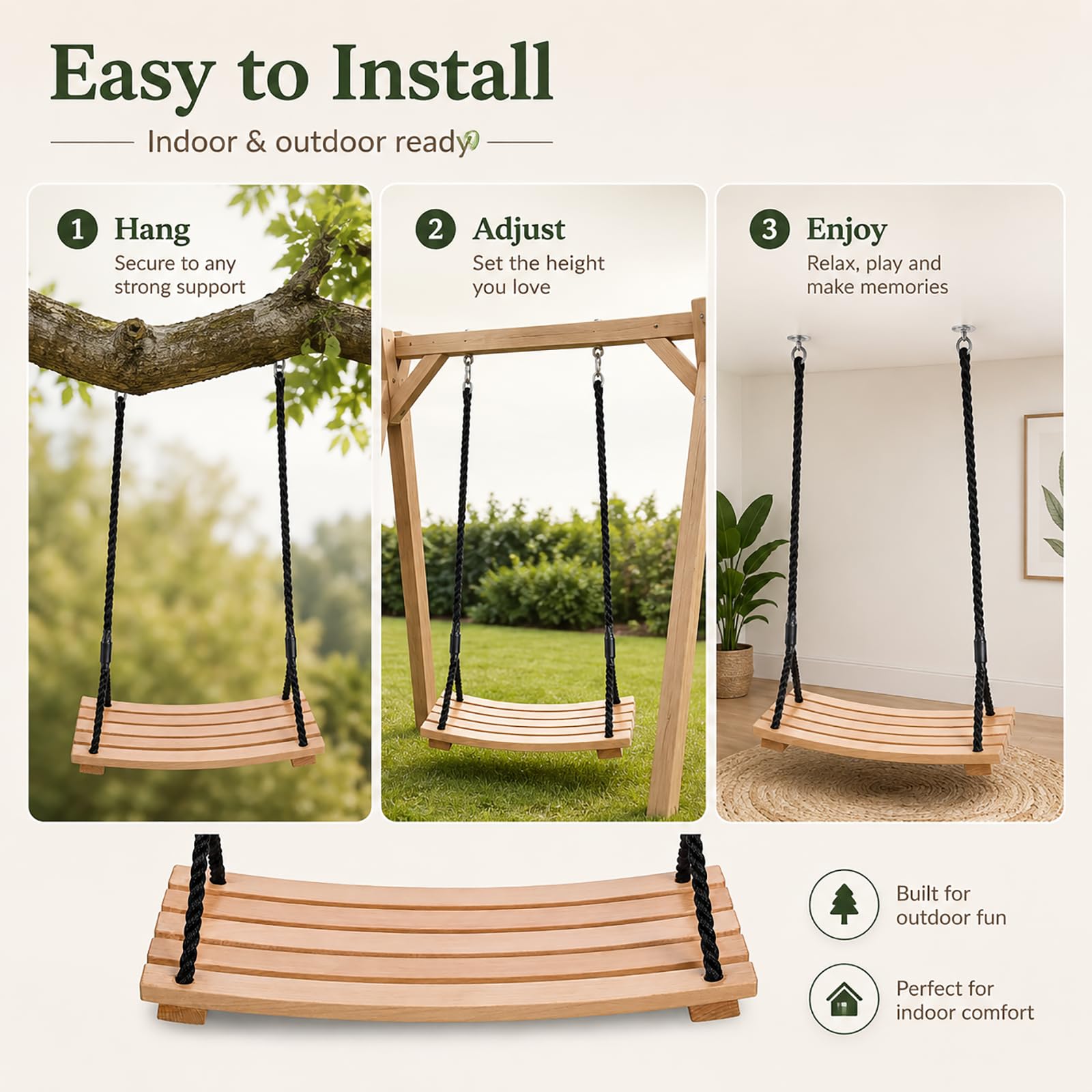 Altalena per esterni, altalena in legno, per adulti e bambini, da giardino, con corda regolabile, per interni ed esterni (60 x 25 cm)
