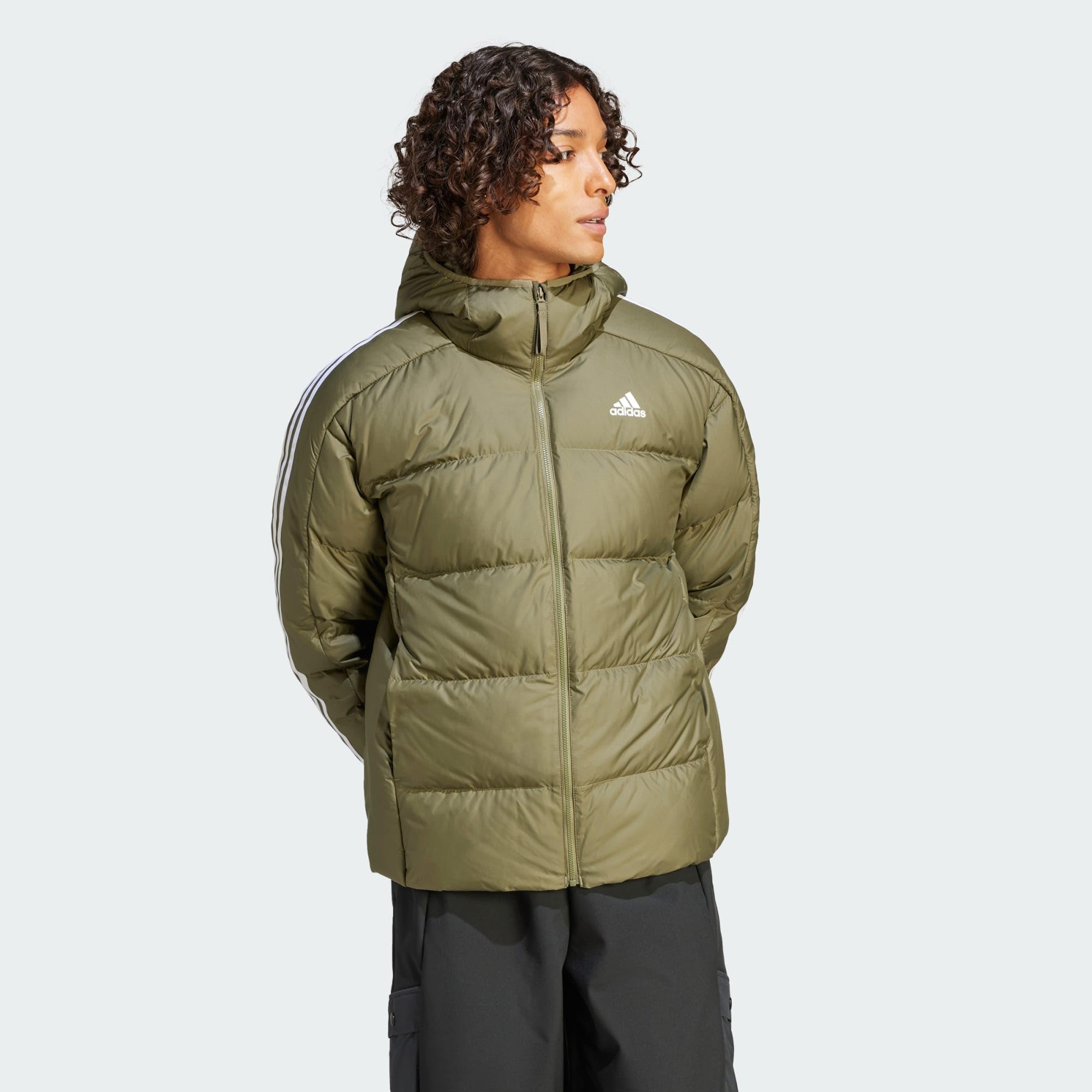 adidas Men's Essentials Midweight Down Hooded Stripes Jacket