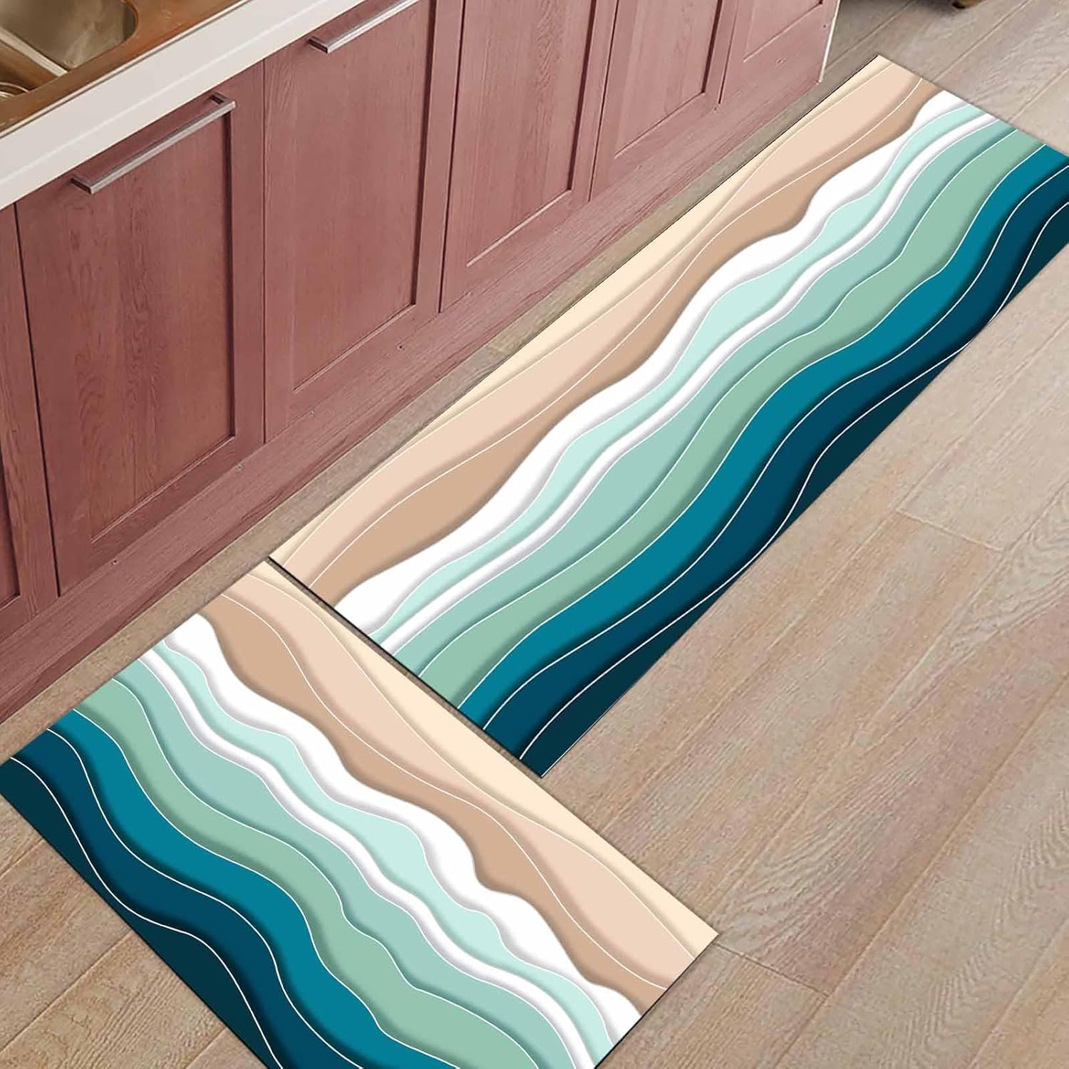 2 Pieces Kitchen Rugs and Mats,Modern Teal Ombre Ocean Wave Area Runner Rug Set Non Slip Floor Doormat Washable Carpet Standing Mat for Kitchen Sink Indoor Corridor,Summer Beach Sea Stripe