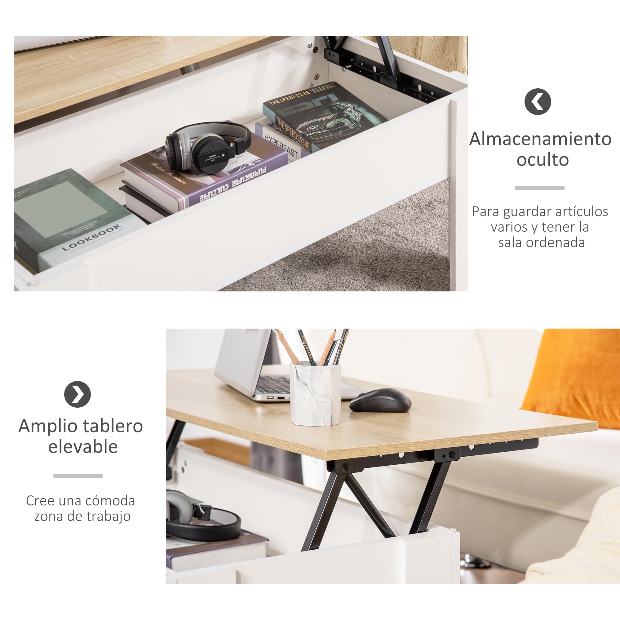 HOMCOM Mesa de Centro Elevable Mesa de Café con Encimera Elevable Espacio Oculto de Almacenaje 100x50x45-58,5 cm Blanco y Natural