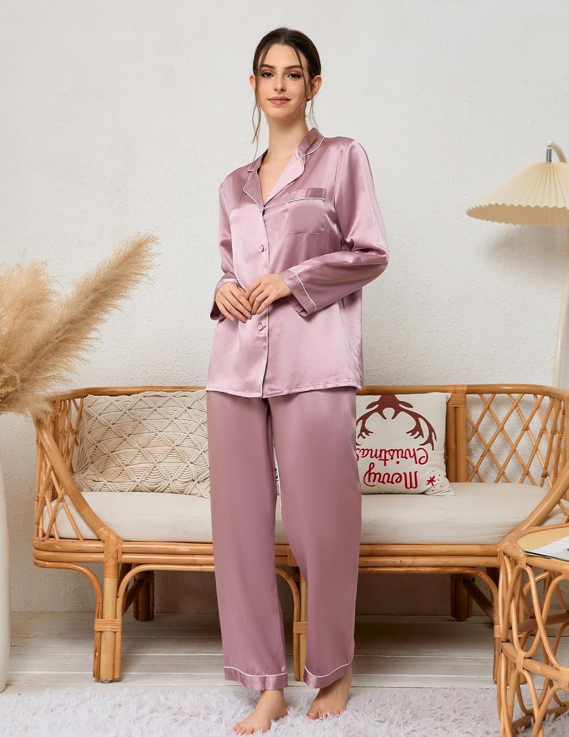 THXSILK Silk Women Pajamas Sets, Long Sleeve Sleepwear Button Down Nightwear, 19 Momme Mulberry Silk PJ Sets - Image 8