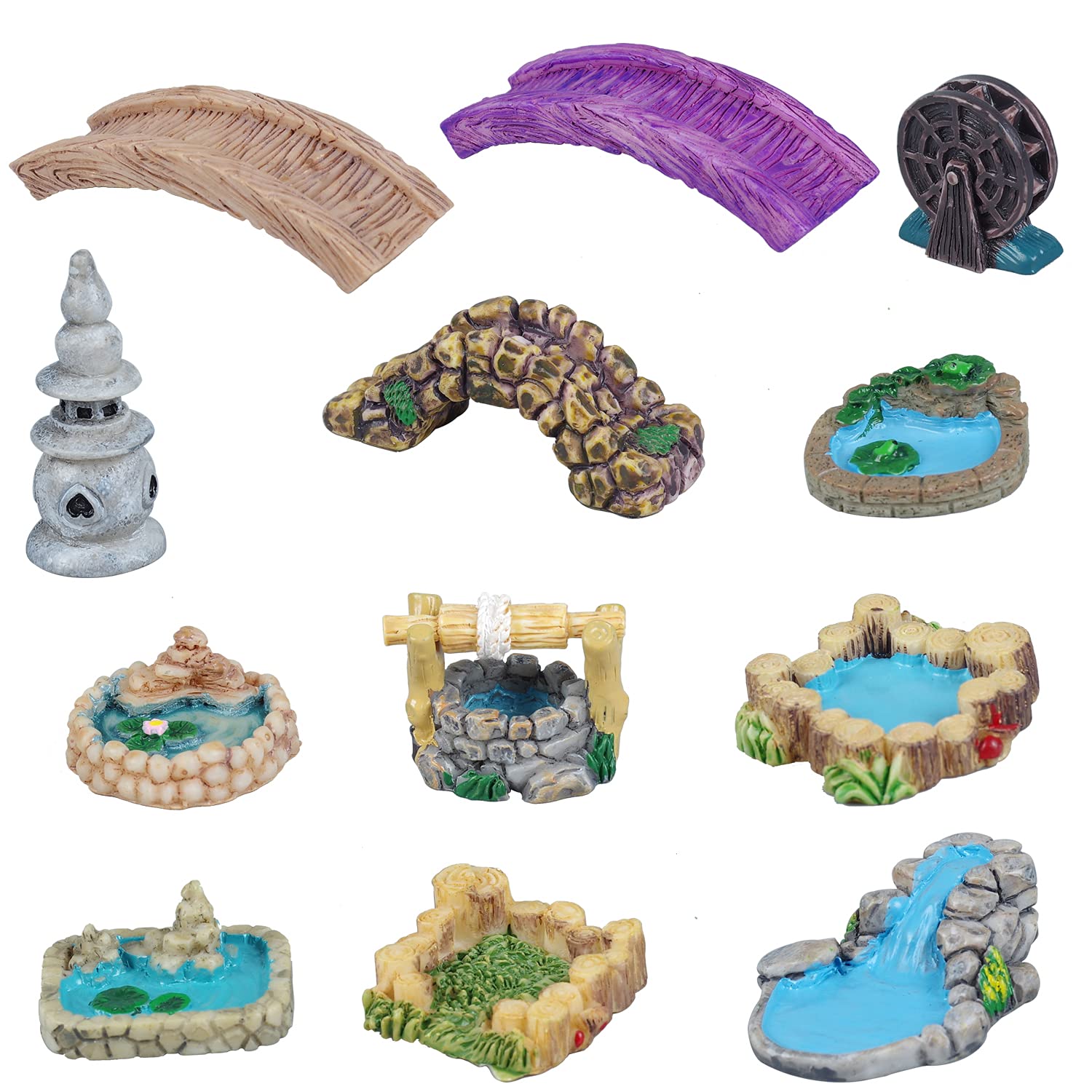 12pcs Mini Fairy Garden Accessories Kit, Micro Landscape Decoration Pond Bridge Ornaments, Miniature Figurines for Potted Plant Bonsai Terrarium Decor