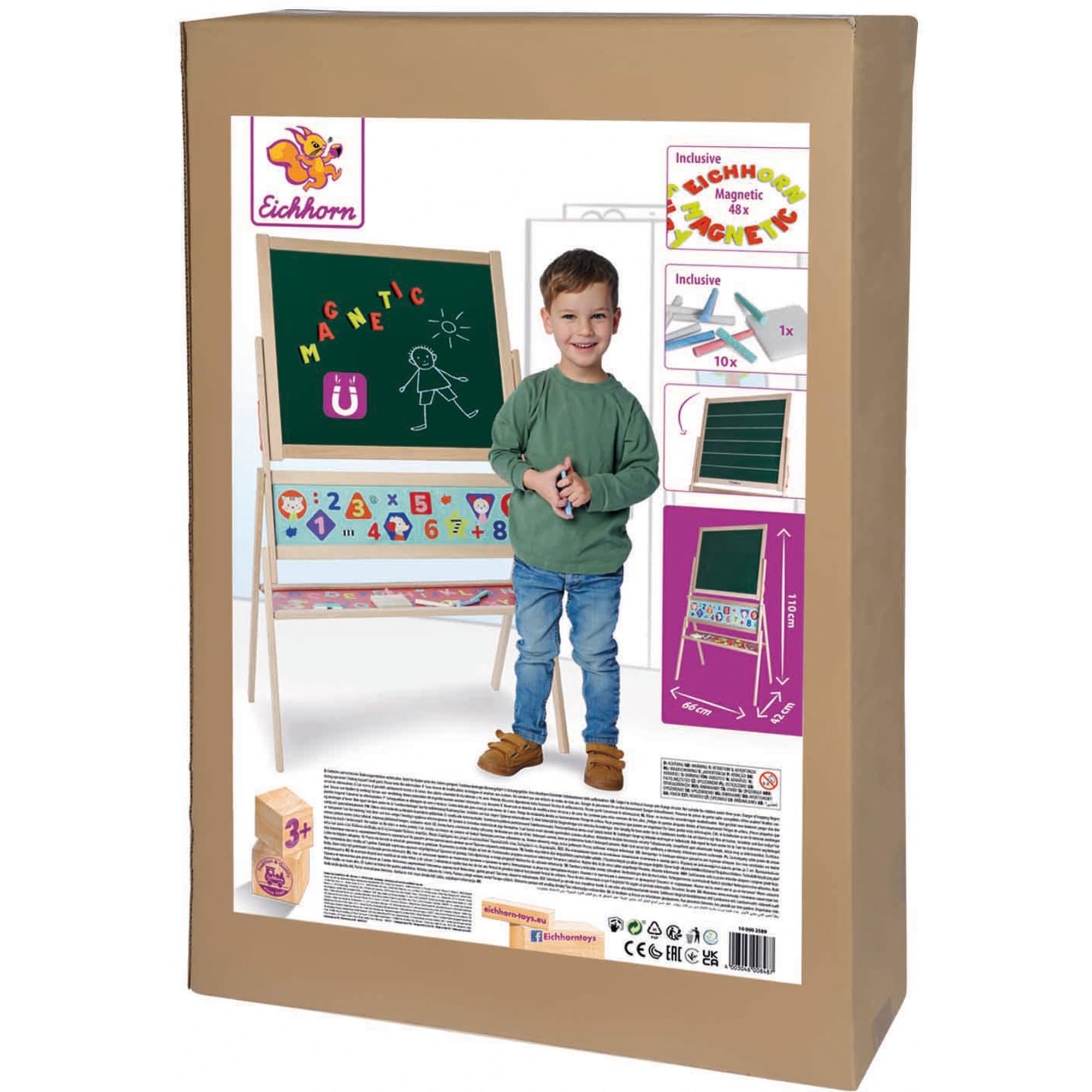 Eichhorn 100002589 Tableau magnétique pour Enfant, avec 48 Lettres magnétiques, 10 craies, éponge, inscriptible des Deux côtés, avec étagère, Rotatif, 60 pièces, 66 x 110 cm, en Bois de hêtre, à