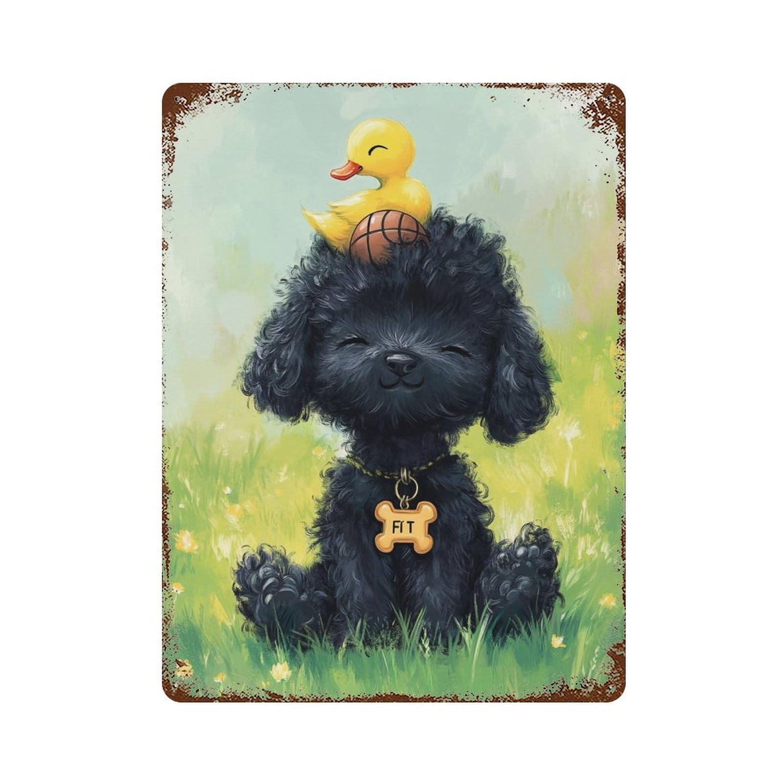 Black Poodle with Yellow Duck -1 15.7"x11.8" Weathered Tin Sign, Rustic Home Decor for Living Room, Hallway And Home Decor