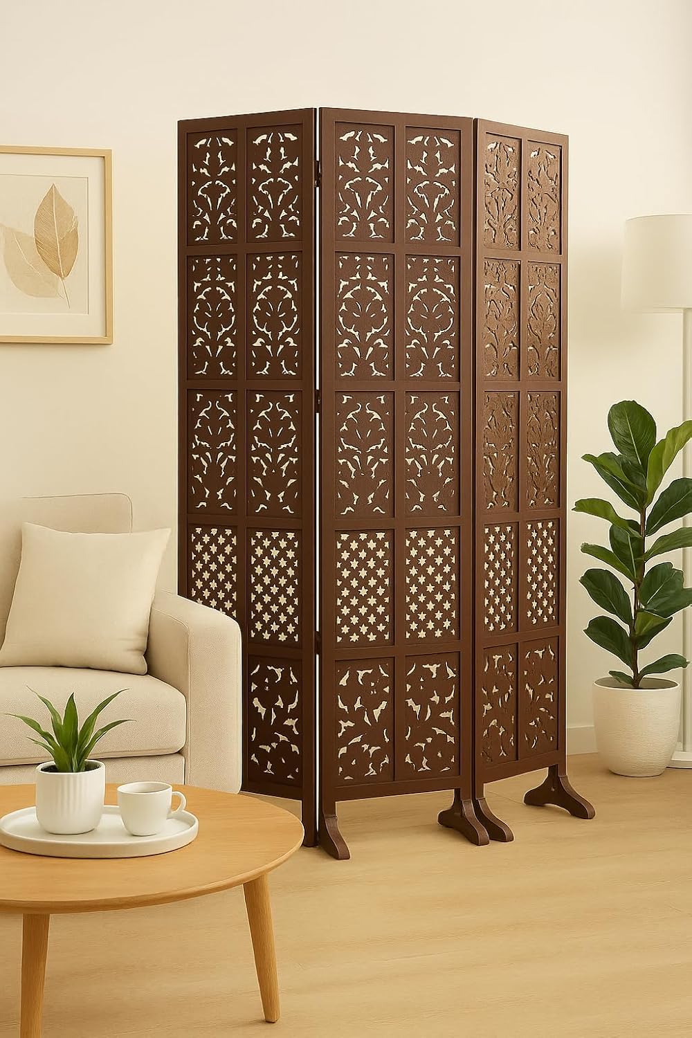 Wooden Room Divider | Privacy Screen | Handcrafted Foldable Partition for Home & Office | Free-Standing Separator for Living Room, Bedroom & Pooja Room (Brown)