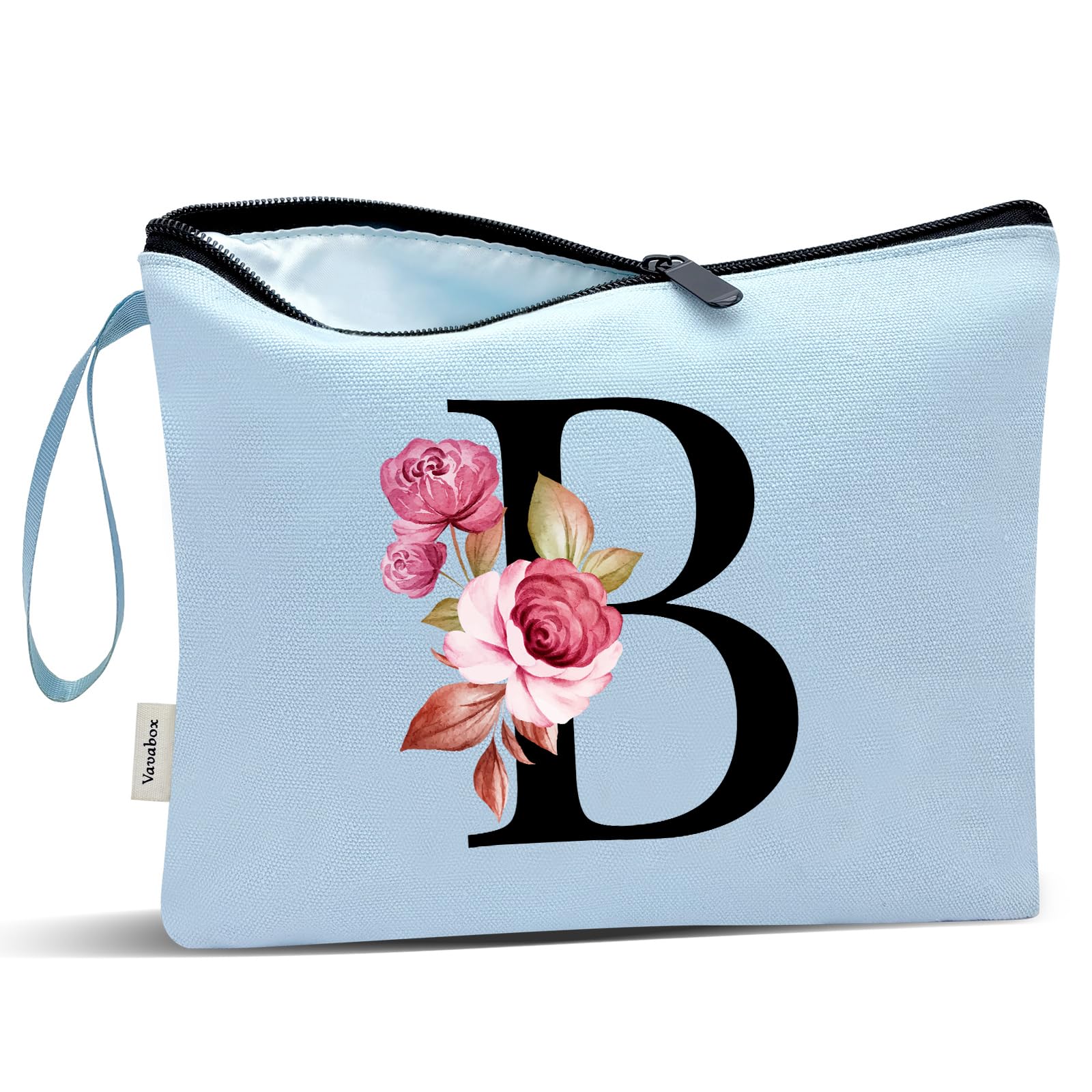 Vavabox A-Z Personalized Makeup Bag, Birthday Gifts for Women Mom, Gifts for Best Friend, Bride Bridesmaid Cosmetic bag (B, Blue)
