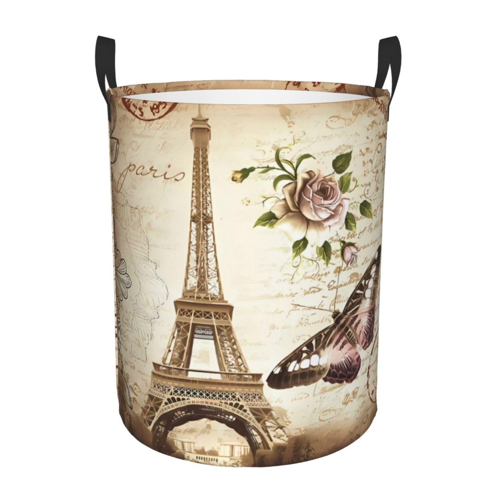 S Collapsible Vintage Paris Eiffel Tower Butterfly Print Circular Hamper Round