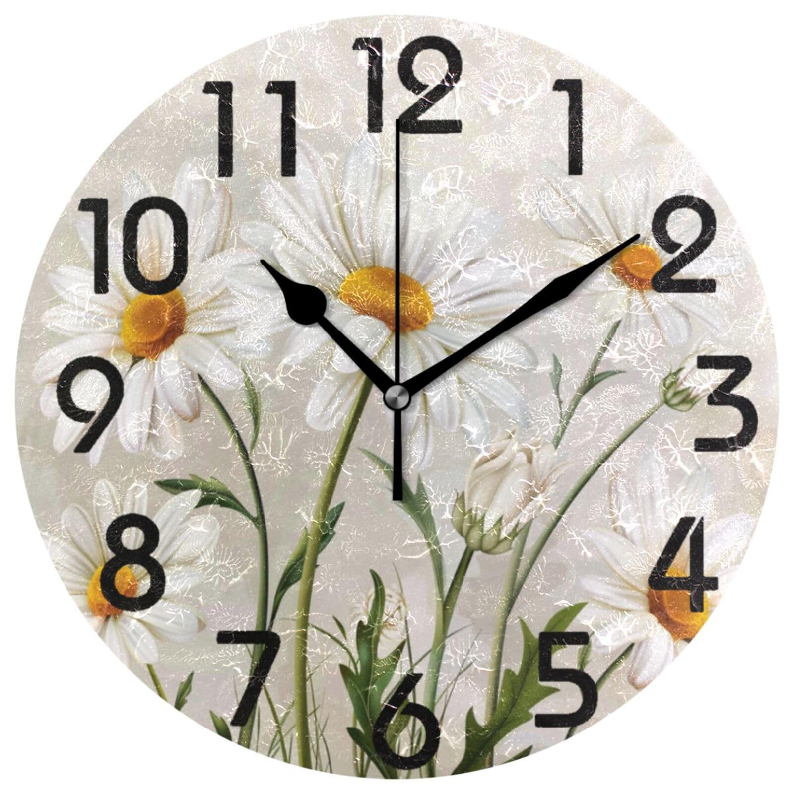 ZzWwR Pretty Blooming White Daisy Flowers Round Wall Clock, 10 Inch Analog Quiet Non Ticking Desk Clock for Home Kitchen/Living Room/Bedroom/Bathroom/Office