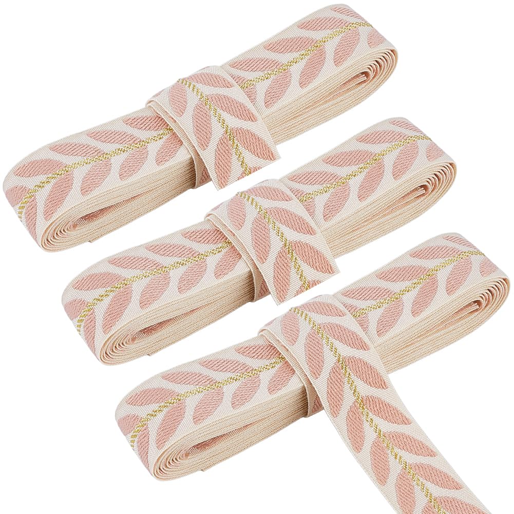CABODYALS 8.23M 25mm Pink Jacquard Ribbon Vintage Leaf Pattern Embroidered Fabric Ethnic Style Woven Gold Trimmings Polyester Ribbons for Sewing Making Diy Craft Clothes Curtain Decor Gift Wrapping