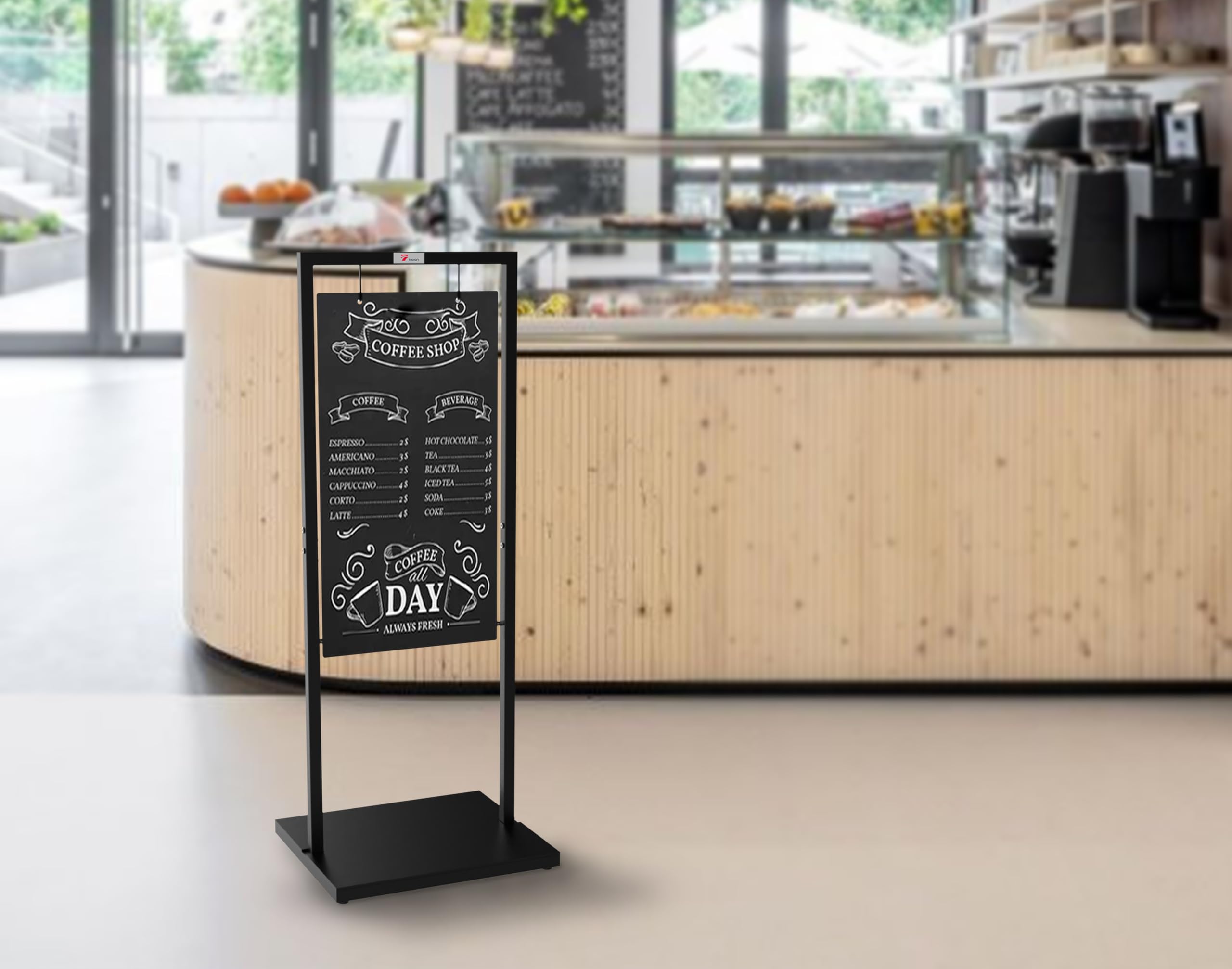 TOWON Soporte de pizarra de doble cara resistente al viento de 20 x 47 pulgadas, tablero sándwich resistente y portátil con ganchos de metal, marco de barra paralela para cafeterías, boutiques