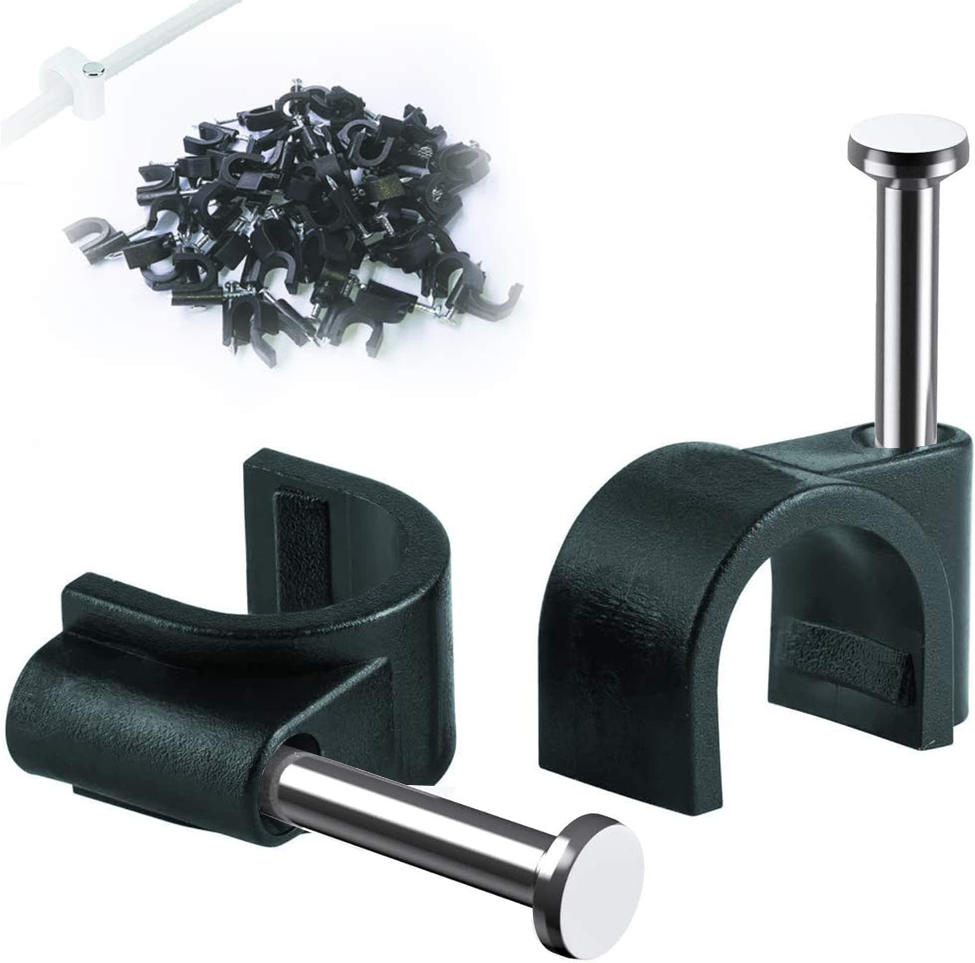 Round Cable Clips, 6mm Electrical Cable Wall Clip - Nail Clips Cable Management, 100Pcs Steel Nails Tacks Holder for Organizing Electric Wires Cables Line TV (Black)