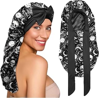 Silk Long Satin Hair Braid Bonnet for Sleeping Adjustable Double Layer Elastic Reusable Long Hair Caps Cute Aesthetic for Women Girls-Star