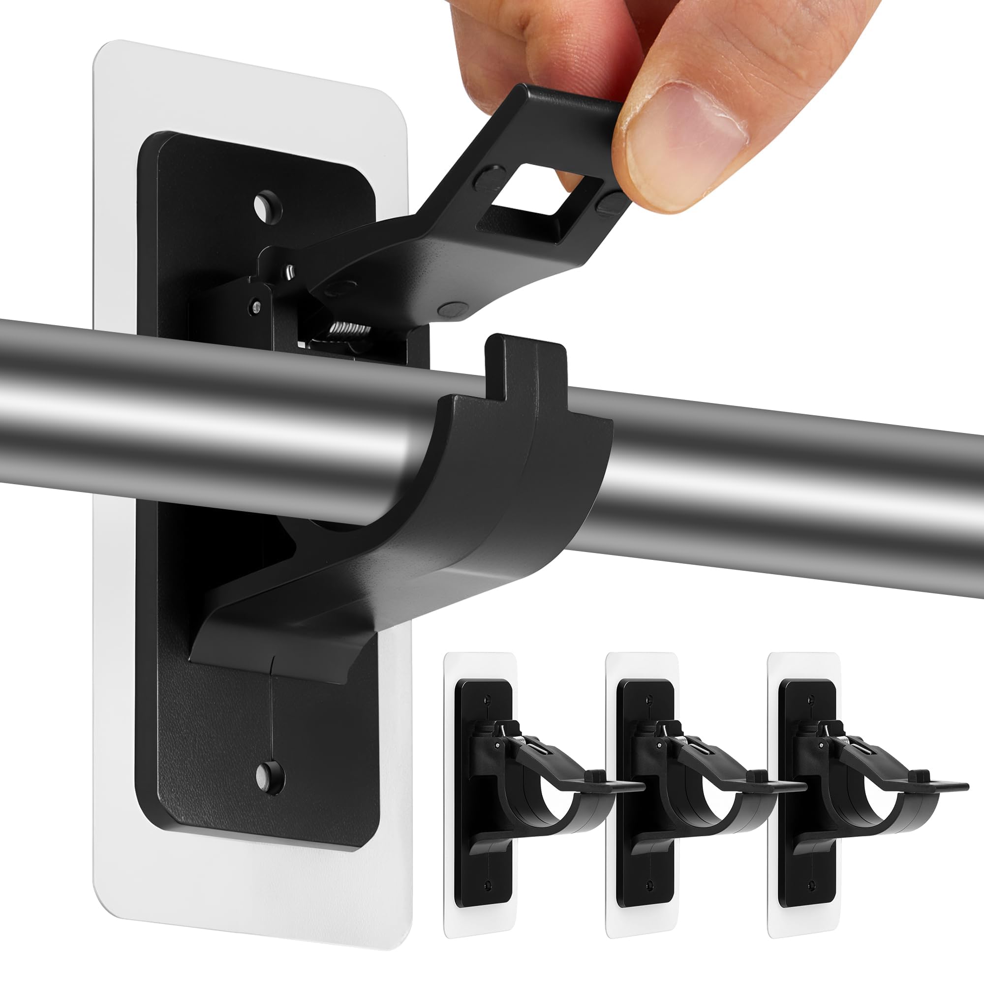 4 Pack No Drill Curtain Pole with Self Adhesive Brackets, Adjustable Curtain Rod Holder for Living Room, Bedroom, Bathroom, Black (Not Included Pole) — image 1