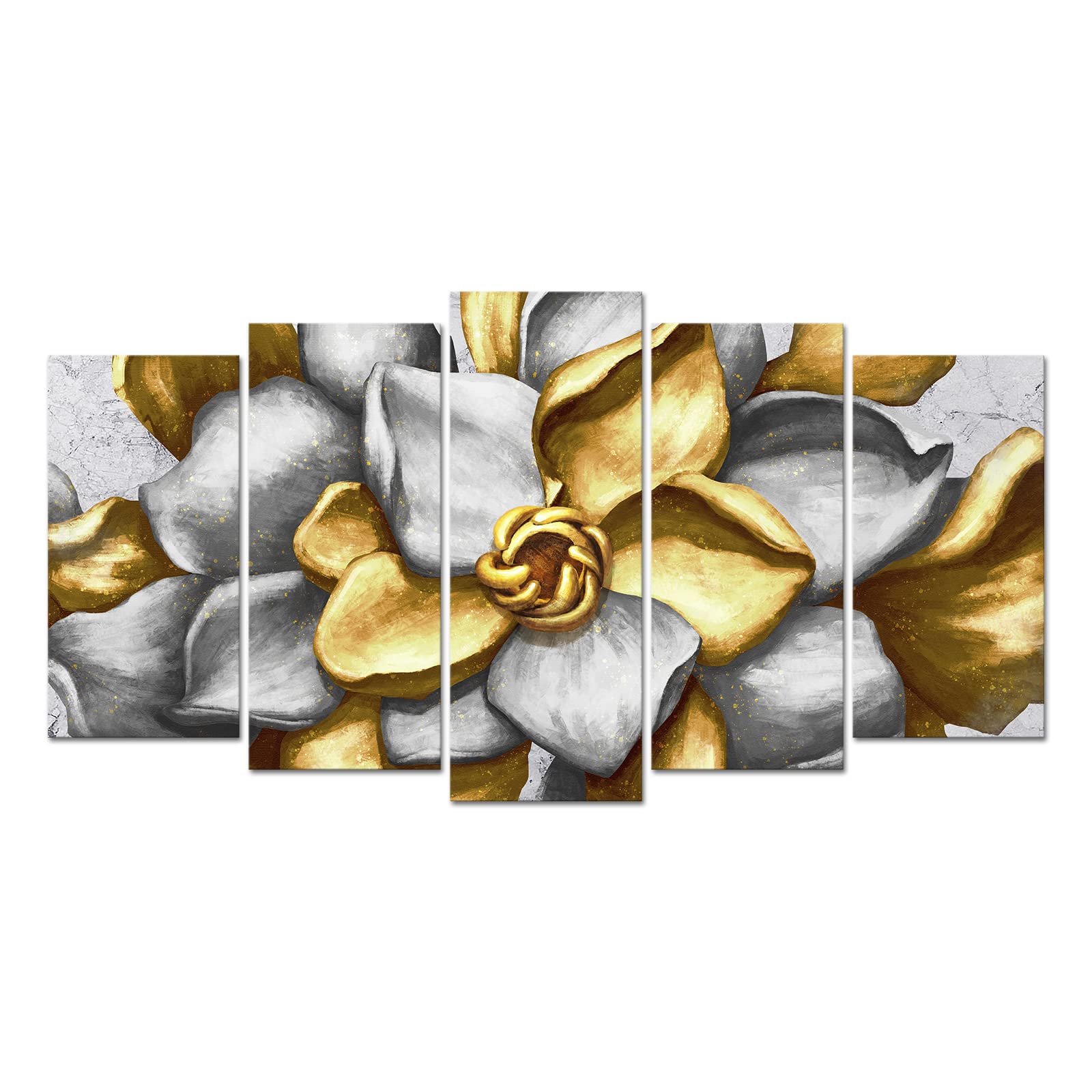 Welmeco Large 5 Panels Grey and Gold Blossoming Flowers Painting Canvas Prints Wall Art Attractive Beautiful Floral Picture Gallery Wrapped Modern Artwork for Living Room Bedroom Home Office