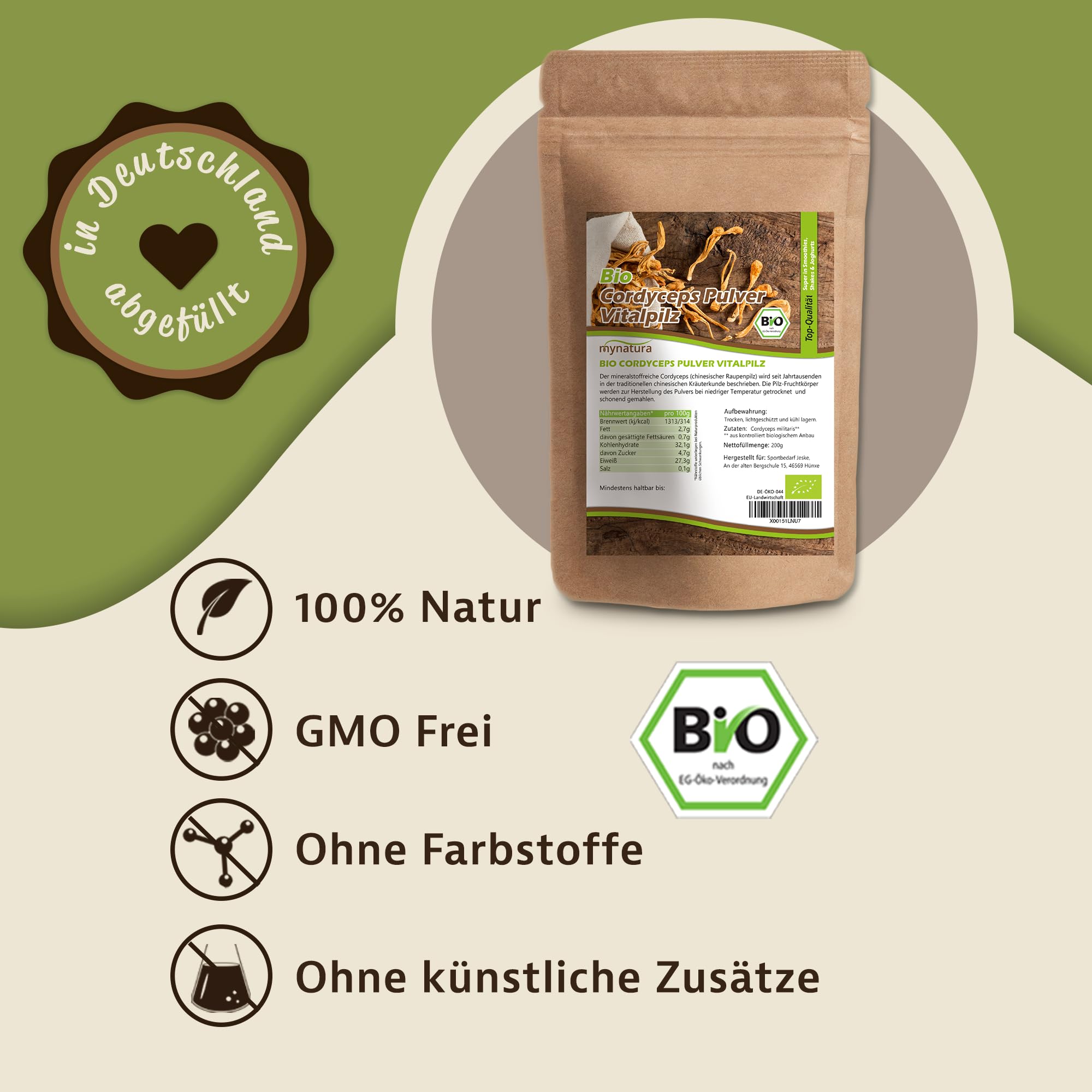 mynatura Bio Cordyceps Pulver 200g | Raupenpilz gemahlen | Vitalpilz aus kontrolliertem Anbau | Hochwertig & proteinreich | 100% Vegan & Glutenfrei | DE-ÖKO-044 (1 x 200g)