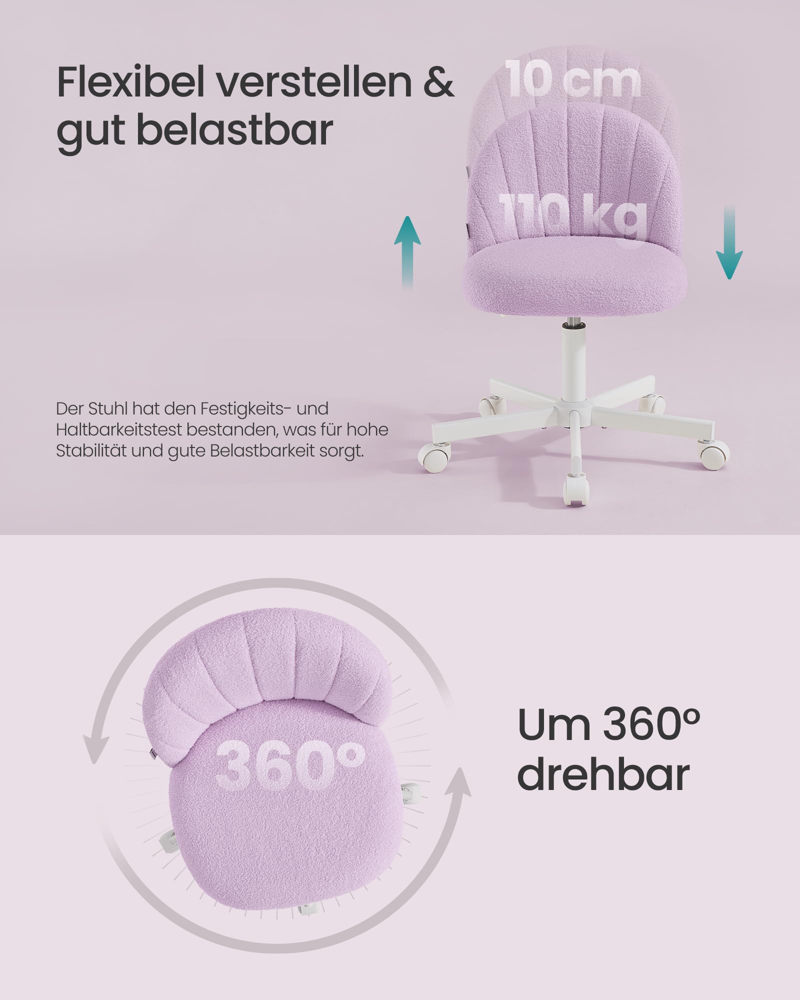 SONGMICS Homeoffice-Stuhl, Schminkstuhl aus Teddy-Fleece, Schreibtischstuhl, Schaumstoffpolsterung, höhenverstellbar, für Arbeitszimmer, Schlafzimmer, Ankleidezimmer, lila OBG027P101