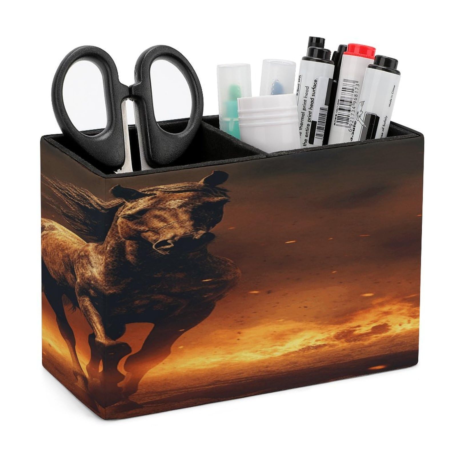 VstaDank Flame Horse Pen Holder Double Compartments Pen Cup Fashion Makeup Brush Holders Leather Pencil Holder for Work Locker Accessories Modern Pencil Cup for Desk Organizer