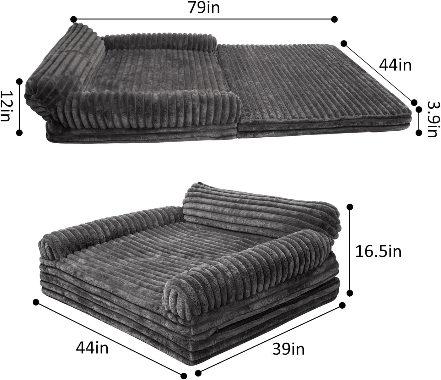 Foldable Human Dog Bed Large Dog Beds for Adult Orthopedic Memory Foam Washable XL Big Couch Beds Waterproof Liner (Dark Grey, 79"x44"x12")