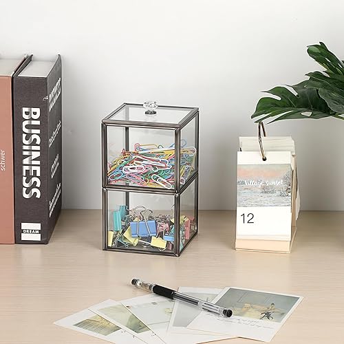 Miniatura 6 de Hipiwe Dispensador de vidrio Qtip de 2 niveles apilable para boticario con tapa, contenedores de baño transparentes, recipiente de bolas de algodón