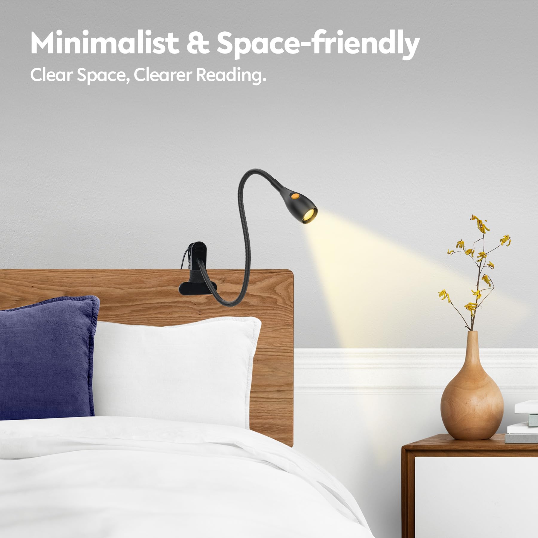 acegoo Luz de lectura minimalista para lámpara de clip, cabecero de cama, luz regulable, luz de libro de 3000 K/luz ámbar con adaptador USB-C, cuello de cisne flexible y práctico interruptor de cabeza