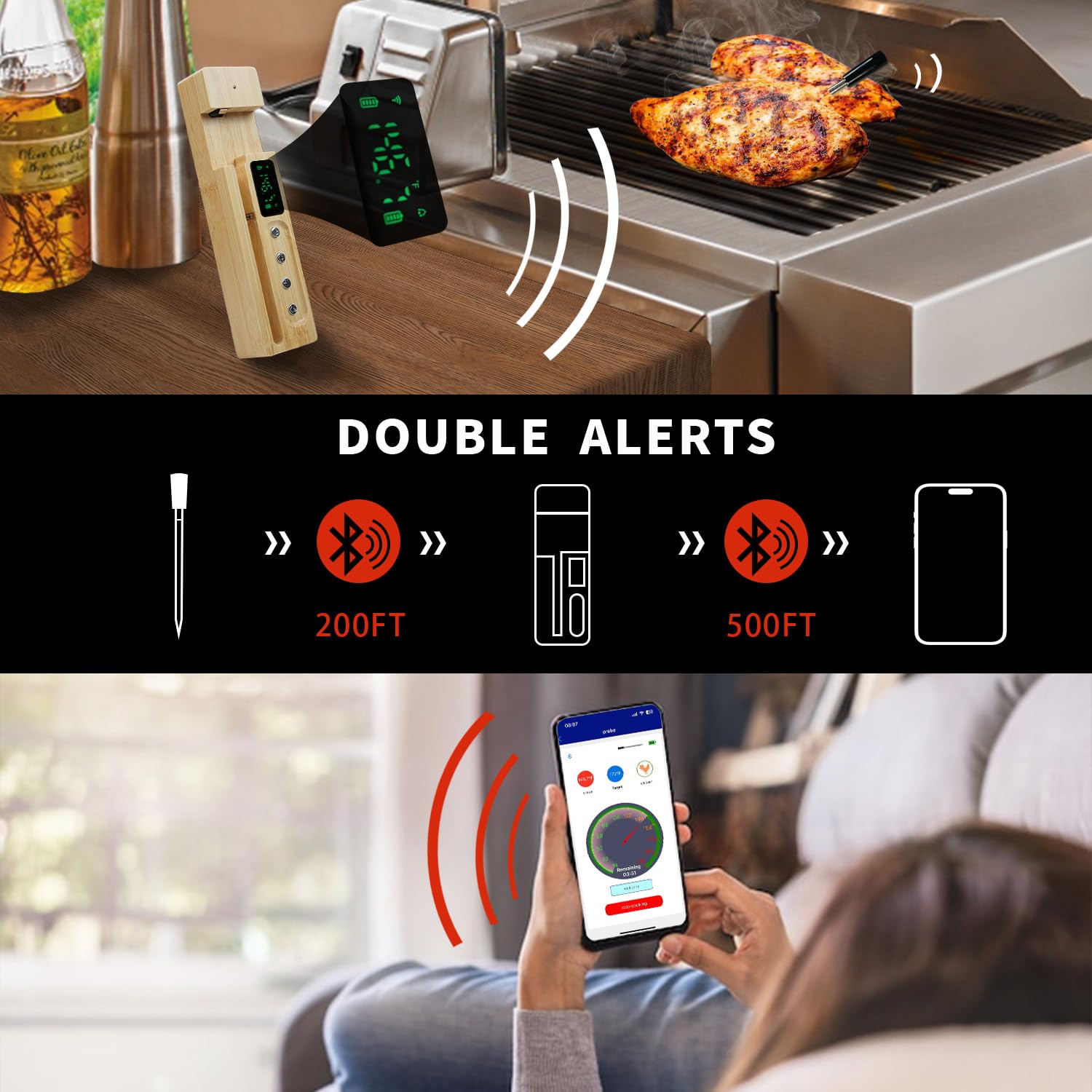 Termómetro de carne inalámbrico, 200 m, Bluetooth, termómetro para barbacoa, IP67, termómetro para horno, barbacoa, ahumador, asador, airfryer seguro en lavavajillas