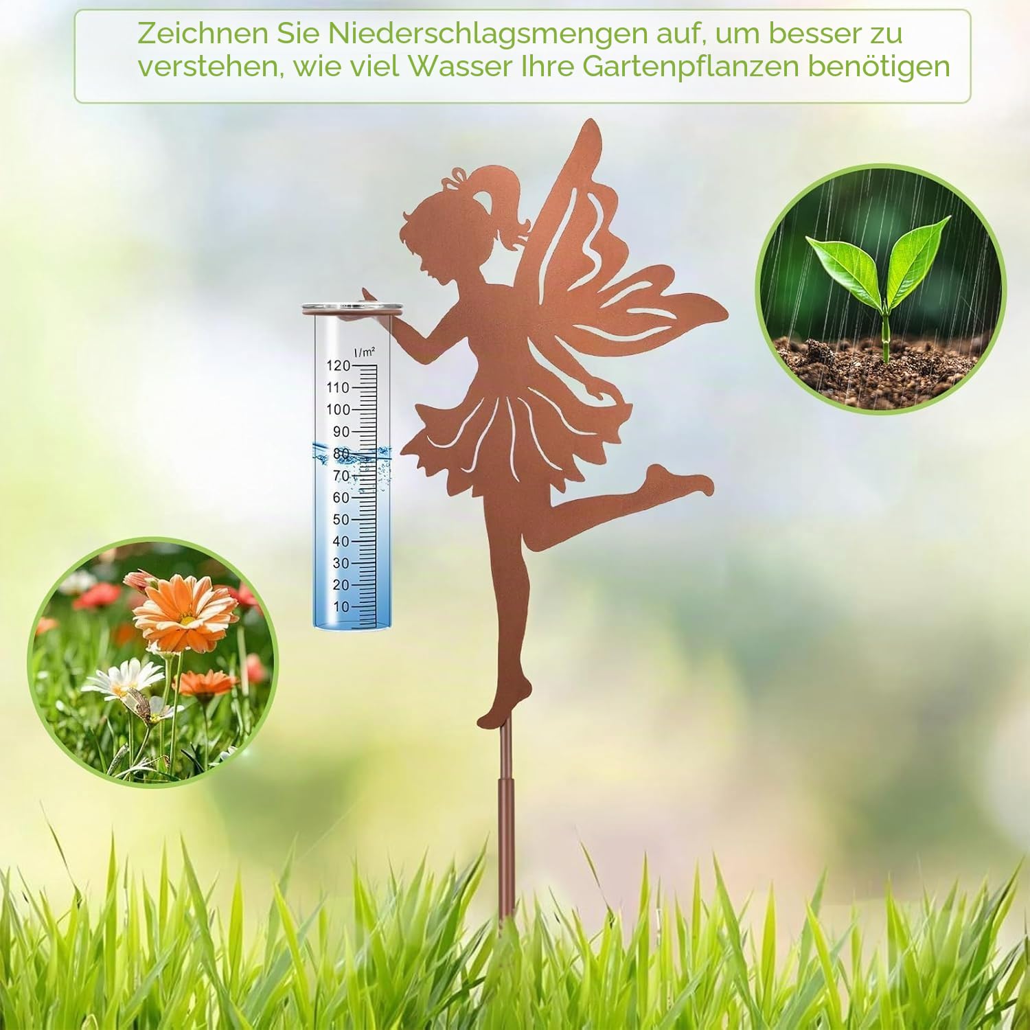 Regenmesser für Garten Niederschlagsmesser, Gartenstecker Elfe stehend Gartendeko 110cm mit stab, Regenwassermessung Rain Gauge Outdoor für Hof,Rasenweg,Durchgang,Terrasse