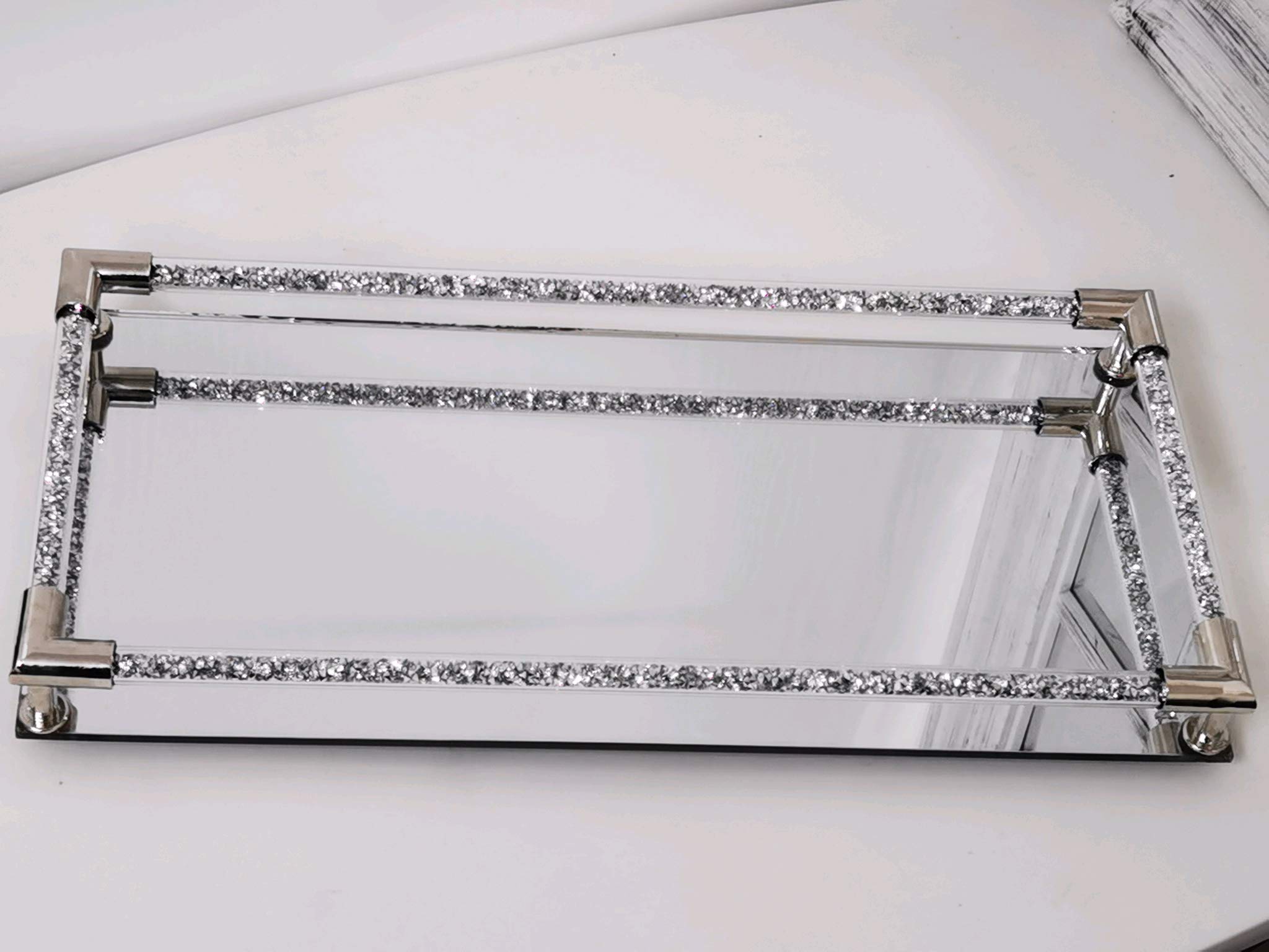 Deenz Silver Diamond Crushed Rod Mirrored Crystal Candle Tray Metal Corner 39X18cm Rectangle Candle Holder Elegant Addition Home Décor
