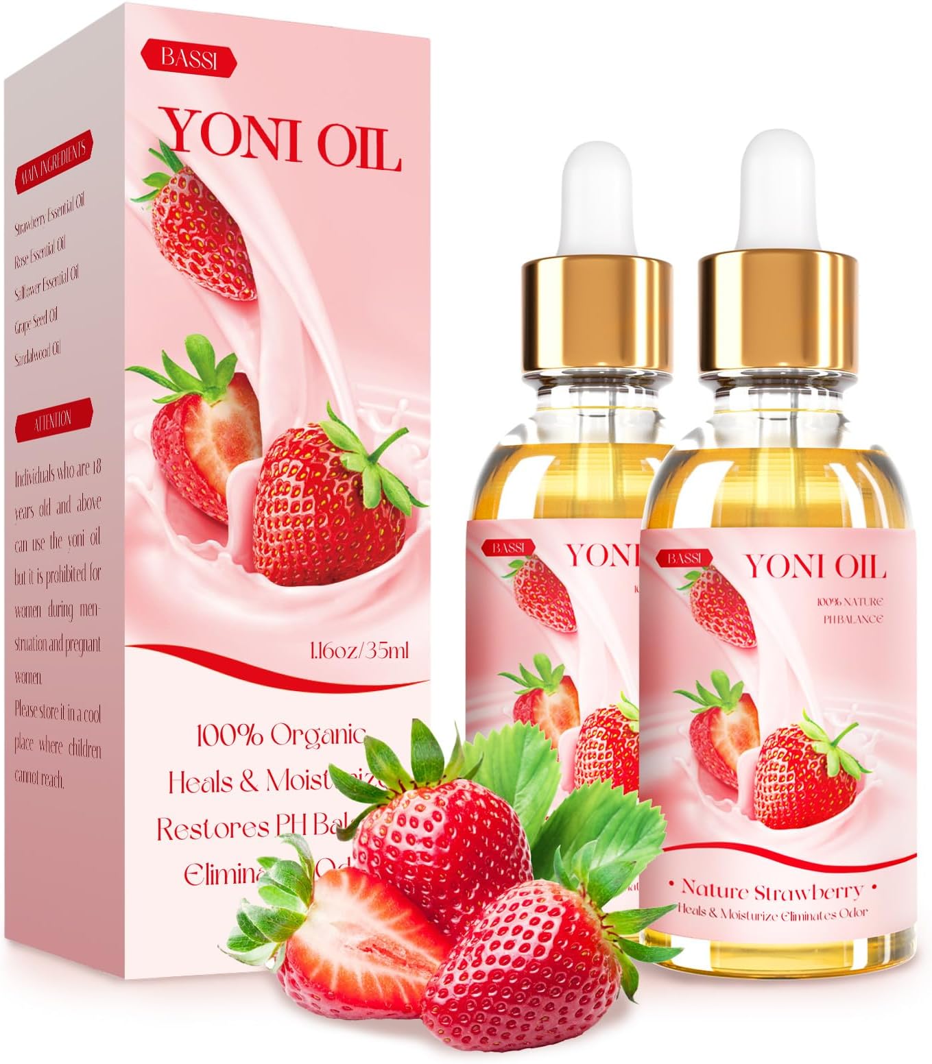 BASSI 2PCS Yoni Oil Organic Feminine Oil Vaginal Moisturizer - Ph Balance for Women - Feminine Deodorant - Eliminates Odor With Strawberry Essential Oil, All Natural Yoni Oil (Strawberry)