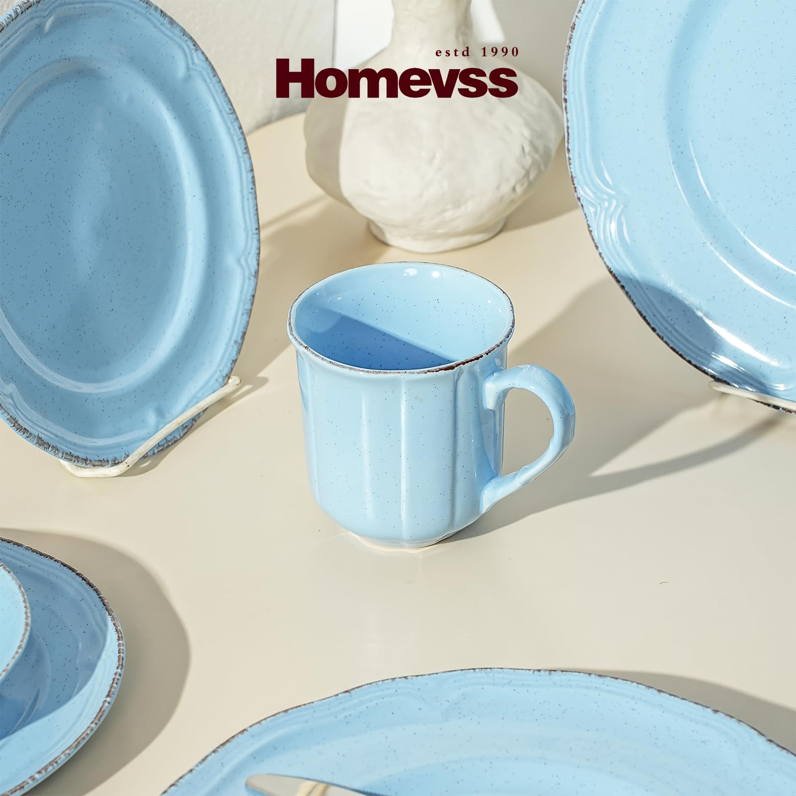 Service de table 20 pièces en grès pour 4 personnes, résistant aux rayures, motif campagne française mouchetée (Blue)