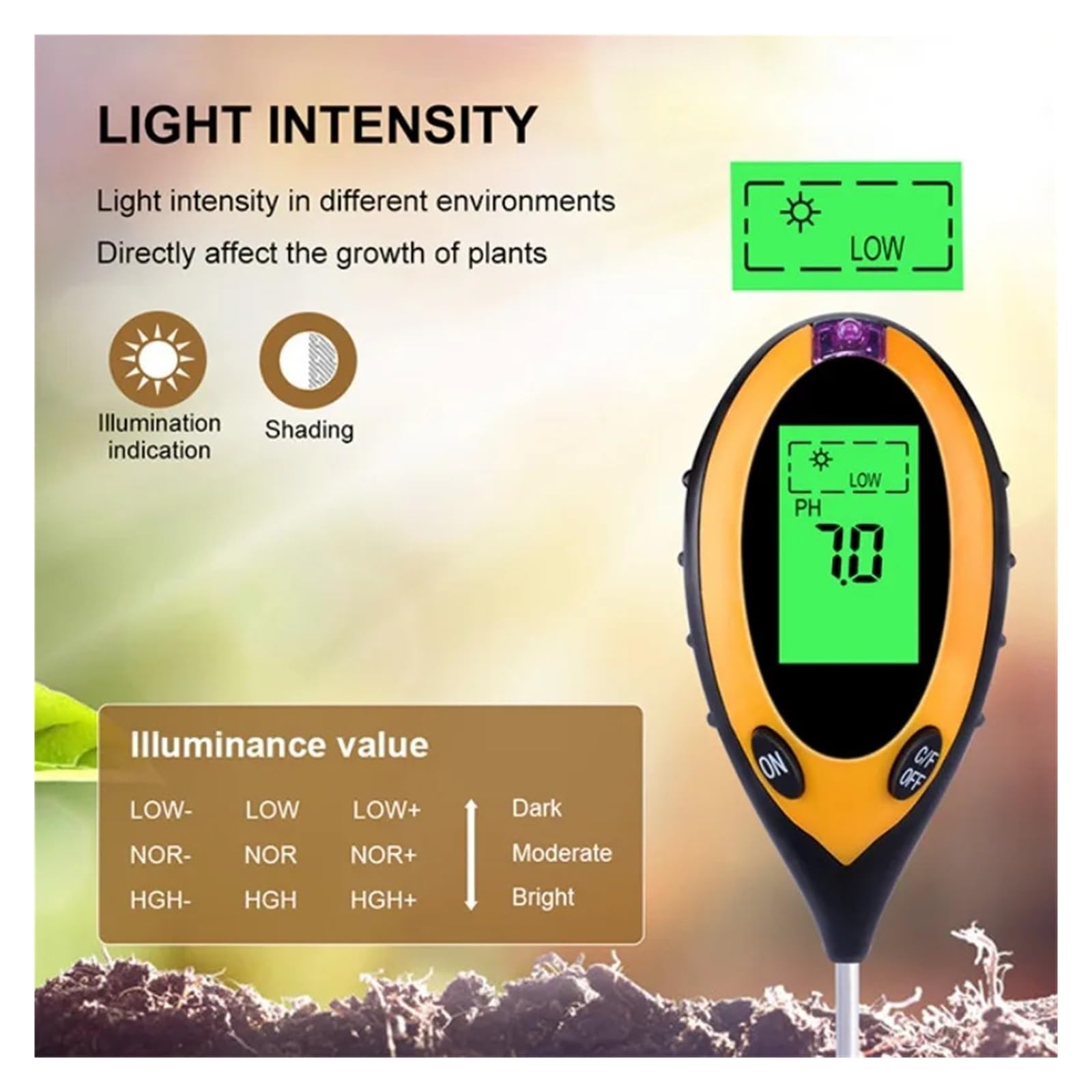 Medidor Digital De PH Del Suelo 4 En 1, Monitor De Humedad, Probador De Temperatura Y Luz Solar For Cultivo De Plantas De Jardín Con Luz Negra