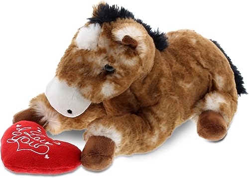 DolliBu Caballo marrón de peluche con texto en inglés "I Love You" de San Valentín, bonito animal de peluche con corazón rojo y nombre, regalo
