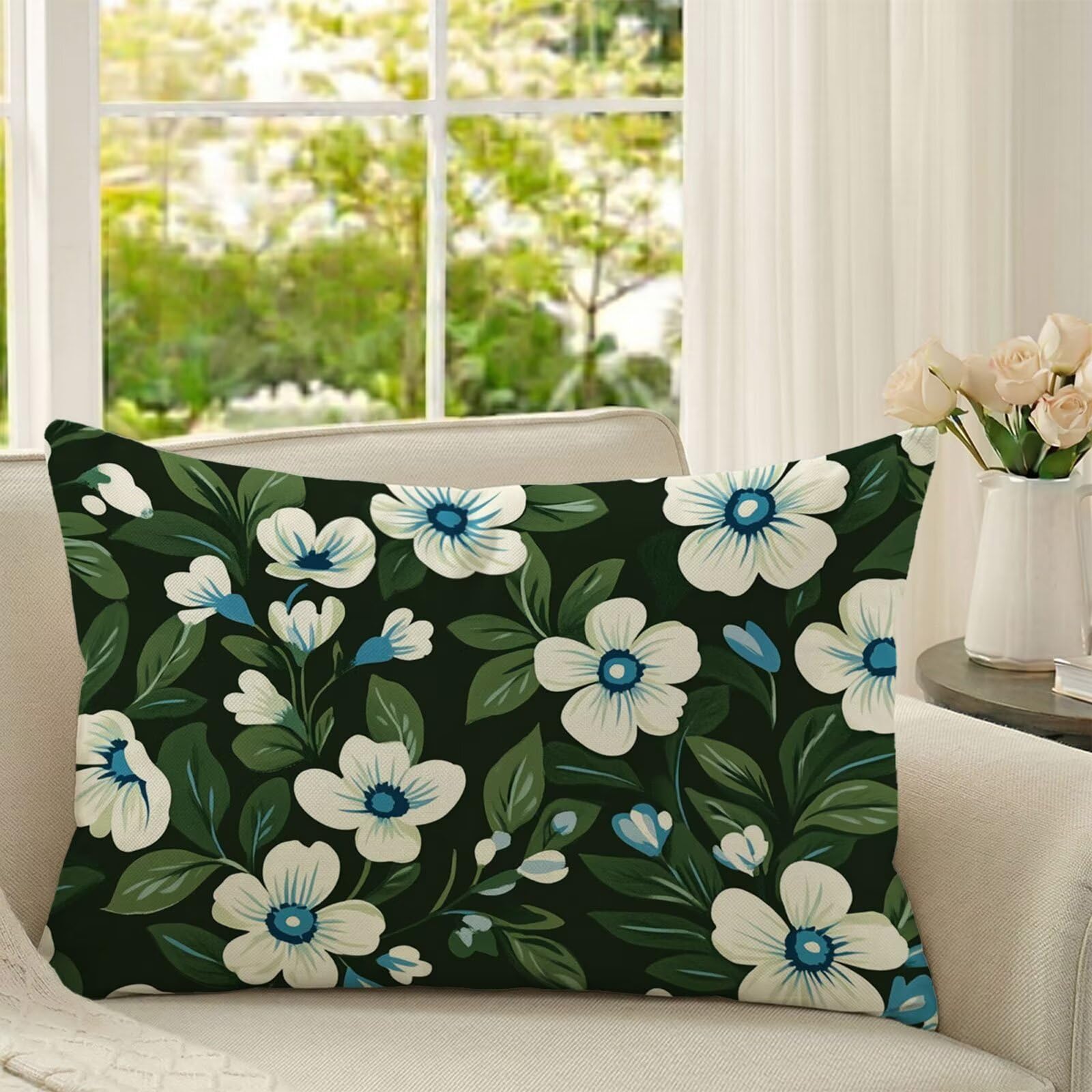 Housse de coussin 50x70 en velours vert foncé floral imprimé double face pour salon