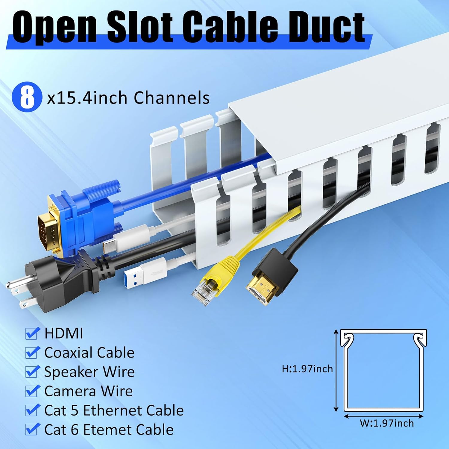 Open Slot Wiring Raceway Cable Duct, 123in Cable Management Channel Cord Track,Desk Wire Channel, Under Desk Cable Management to Hide Cables, Wires for Computers (White, 1.97" Hx1.97"W, 15.4''L(8 Pc))