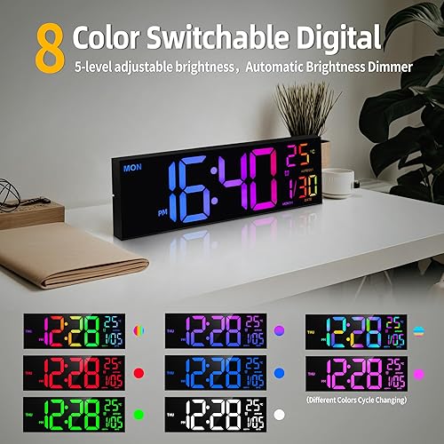Miniatura 4 de Reloj de pared digital de 8 colores, reloj digital grande de 16.2 pulgadas con temperatura, fecha, DST automático, luz nocturna, atenuador de brillo