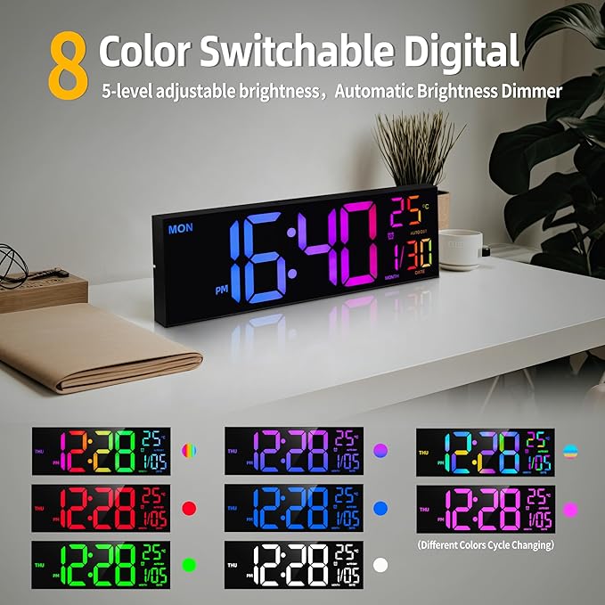 Reloj de Pared Digital HAITANG, 16.2" con Temperatura, Fecha, Luz Nocturna y Control Remoto miniatura 4