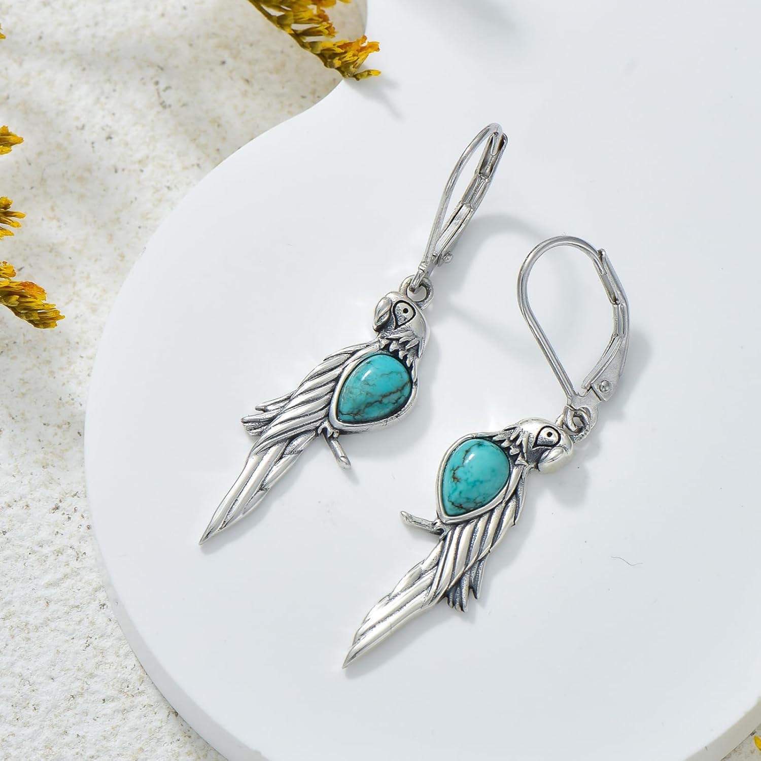 Genuine Turquoise with Hummingbird/Owl/Parrot/Turtle Dangle Earrings 925 Sterling Silver Vintage Animal with Green Turquoise Leverback Earrings for Women Gifts